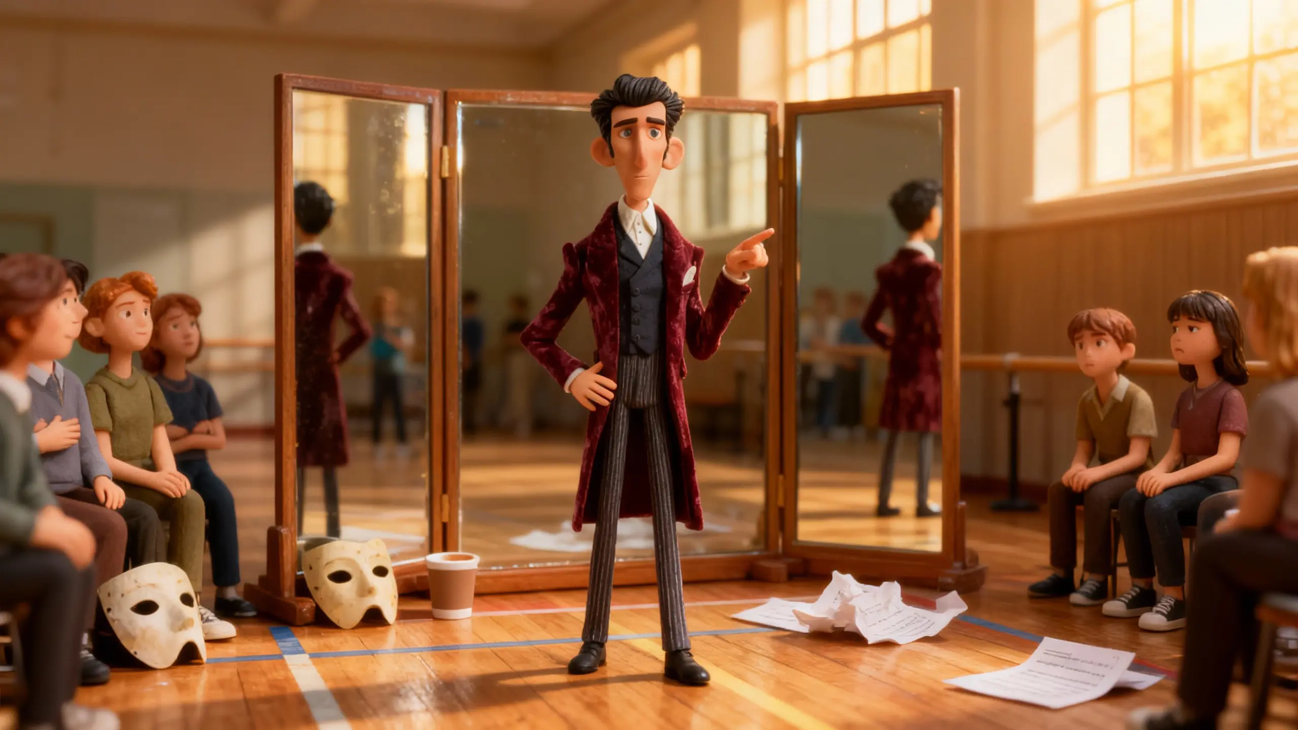 Cris Fairlight stands centre stage in a rehearsal hall, velvet-clad and unyielding, mid-sentence as classmates look on.