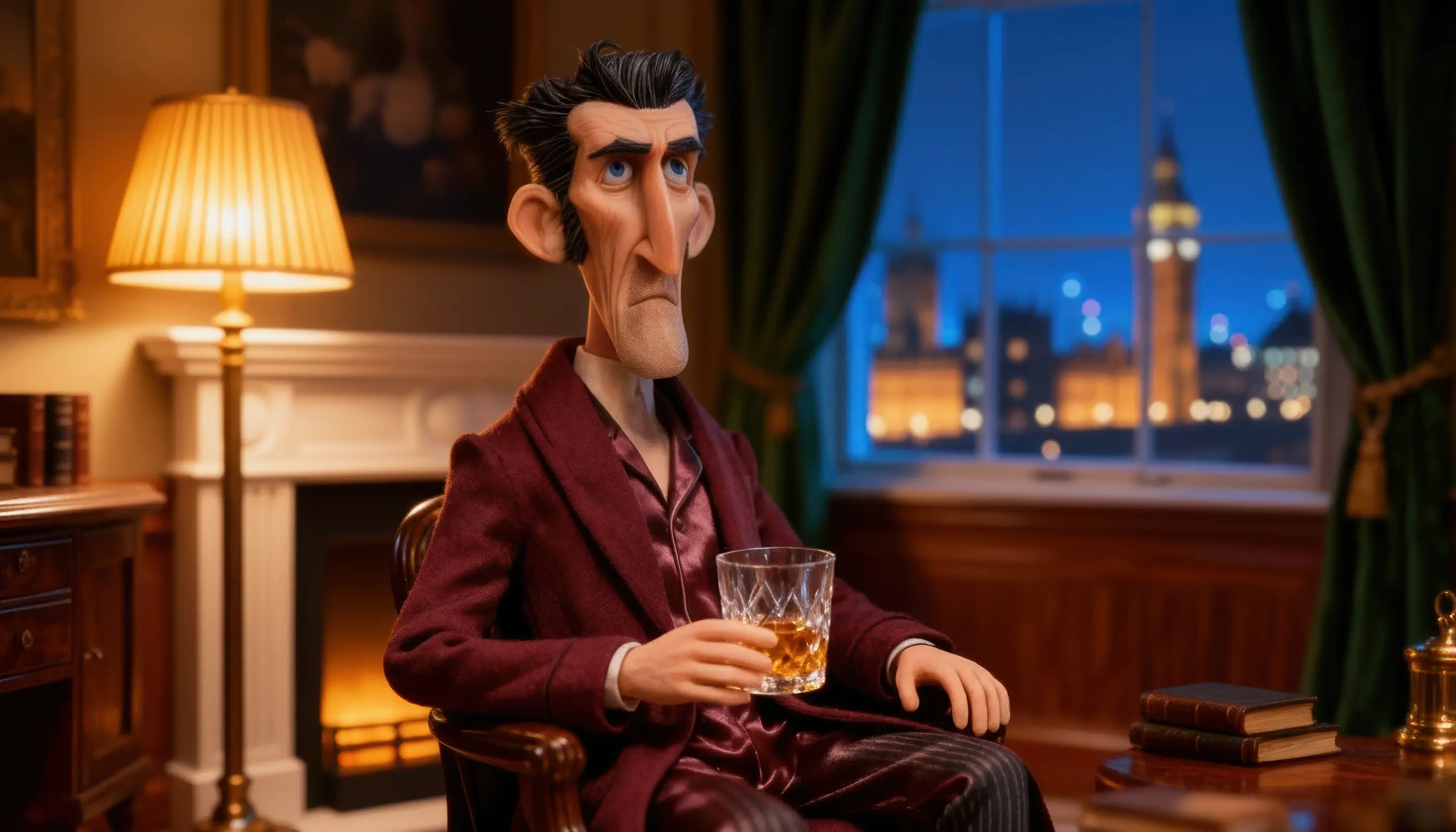 Cris Fairlight sits in his mahogany London apartment, glass in hand, the city’s glow spilling across English drapery and self-reflection.