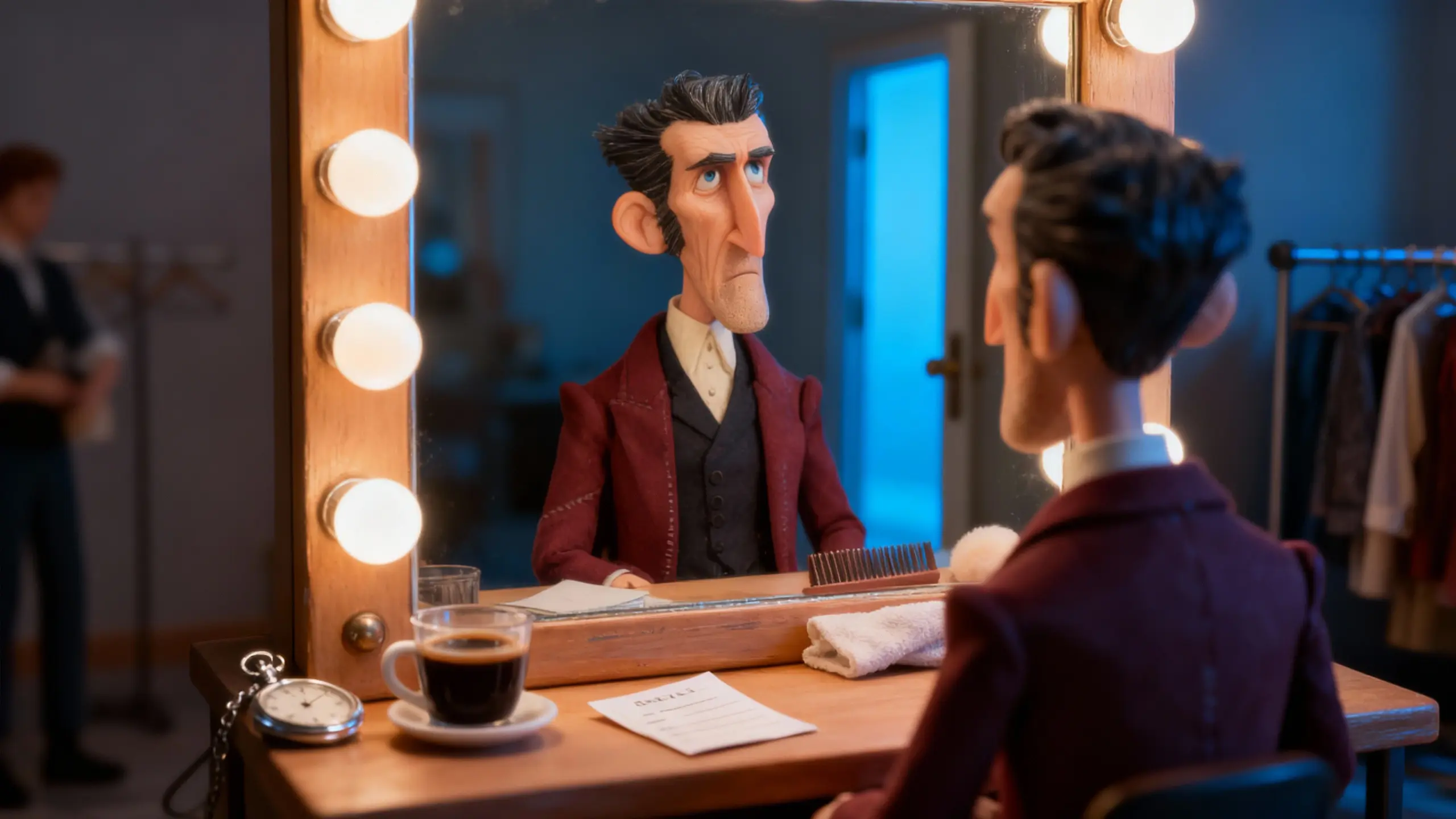 Cris Fairlight sits before the vanity mirror in quiet focus, readying him for the return to camera light.