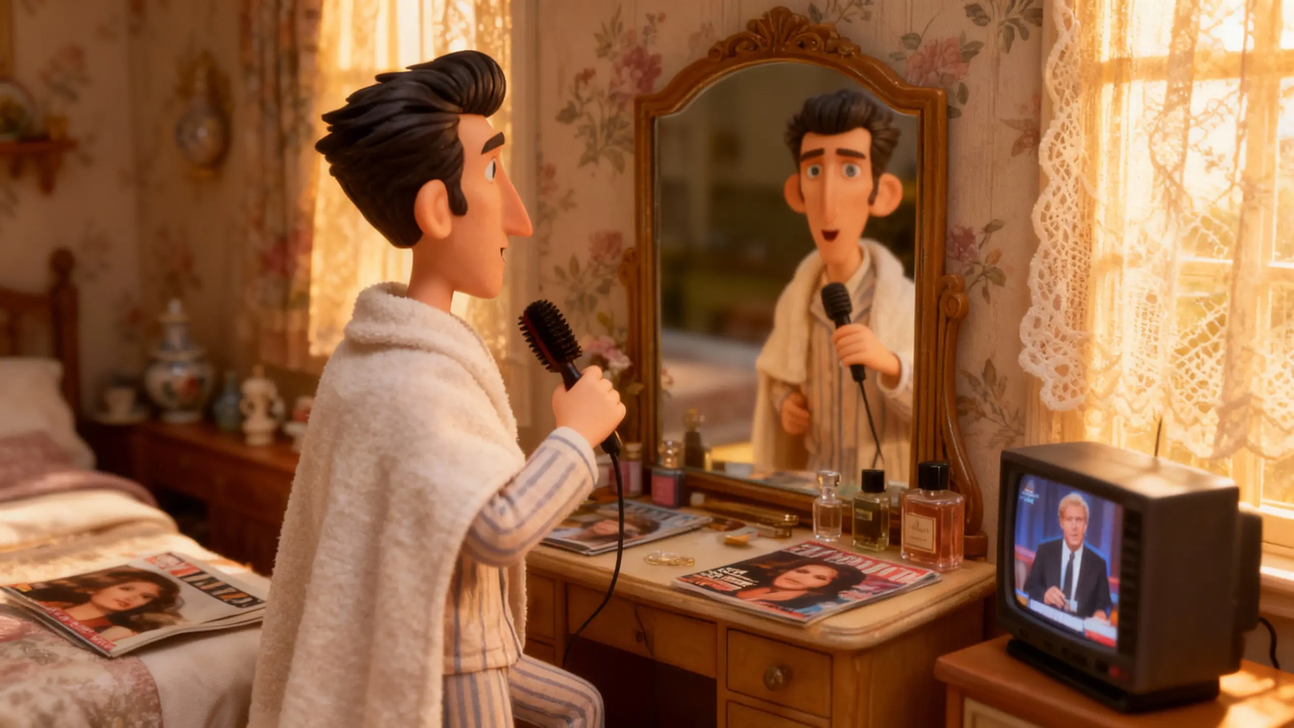 Cris Fairlight practises his broadcast delivery in the mirror of his floral-papered Surrey bedroom, a towel around his shoulders and an electric hair utensil in hand.