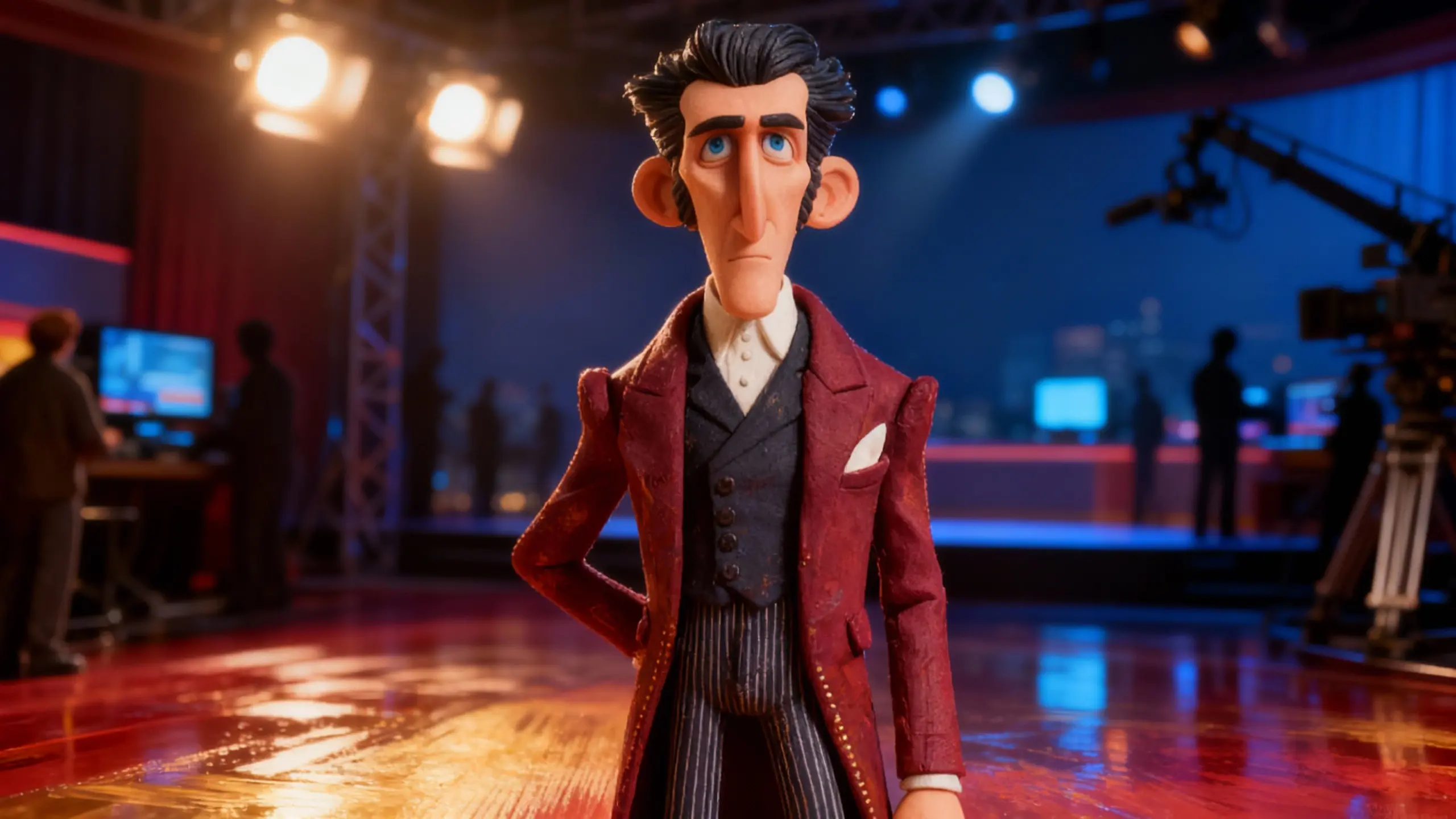 Cris Fairlight stands beneath the glare of studio lights, his burgundy suit gleaming as he claims the room with quiet theatrical command.