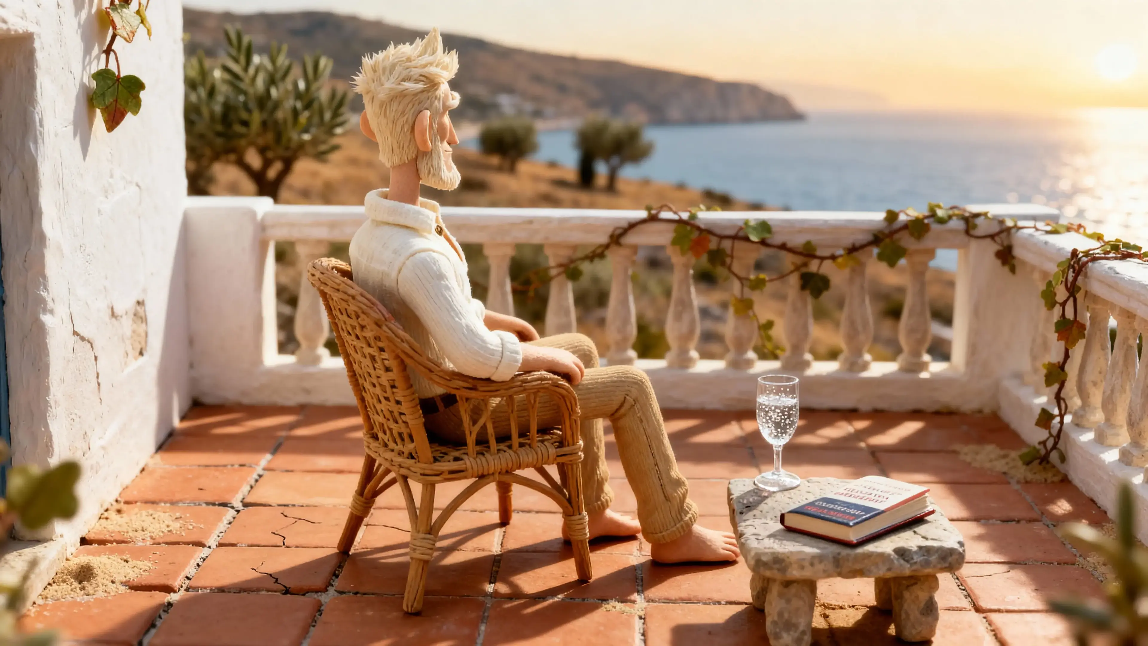Dick Devereux relaxes on a sunlit terrace, reading quietly above a Mediterranean view.