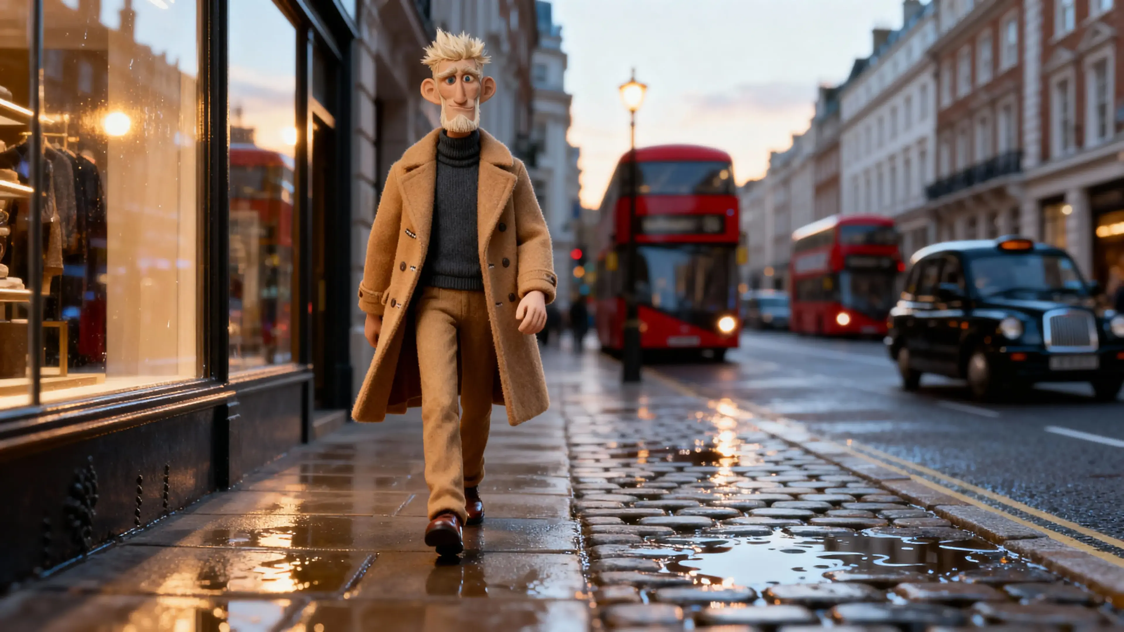 Dick Devereux strolls through a London street, observing the world with quiet confidence.
