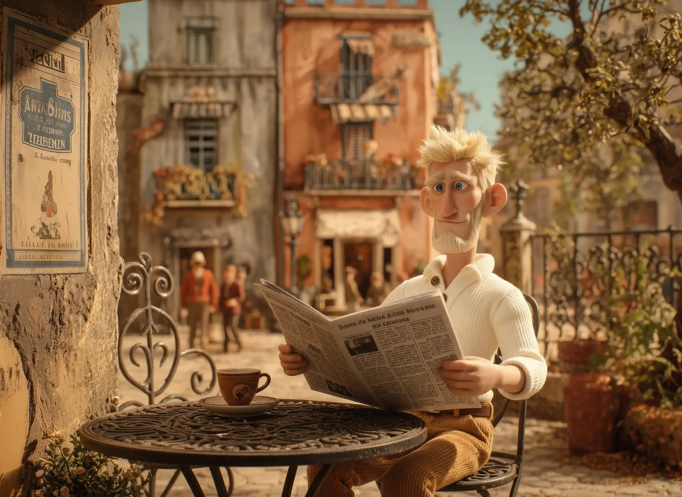 Dick Devereux reads a Spanish newspaper in a café courtyard in Madrid, deep in thought.