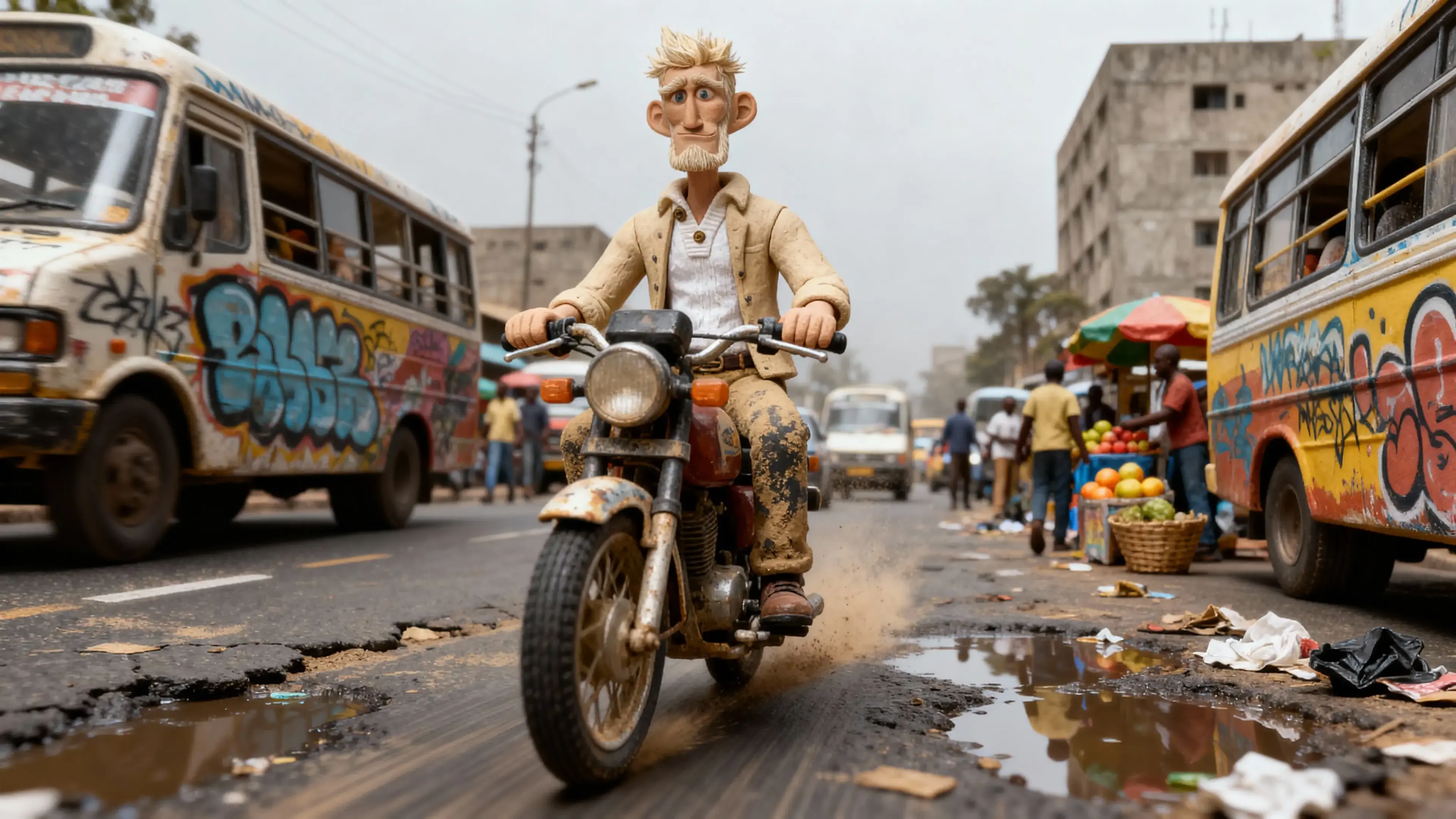 Dick Devereux rides an old motorbike through chaotic Nairobi traffic, keeping his calm amid matatus, crowds, and city haze.