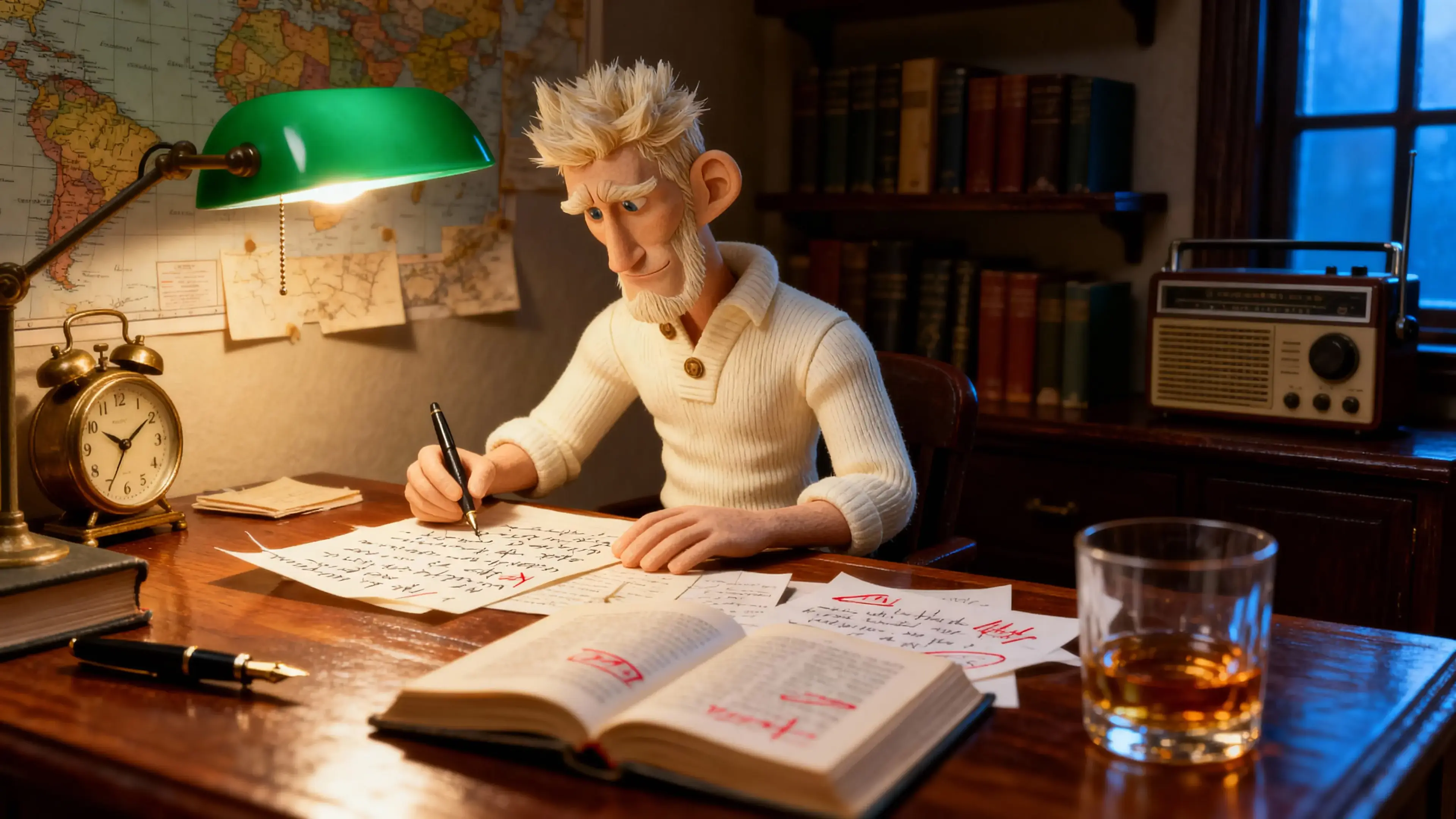 Dick Devereux studies his notes at a dimly lit desk, lost in analytical focus.