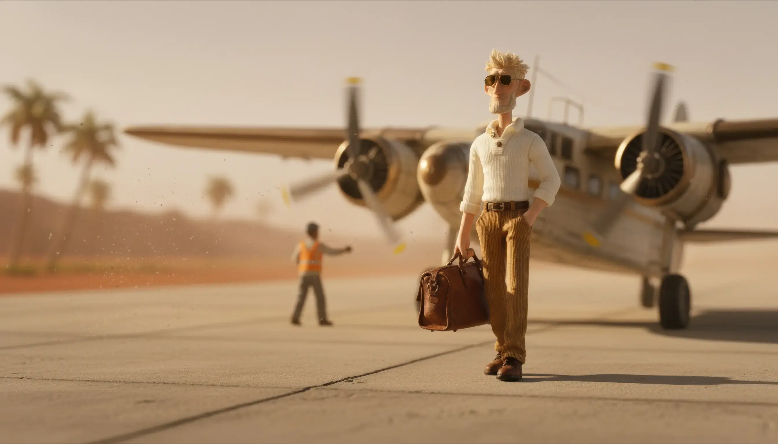 Dick Devereux walks across a tropical airport tarmac beside a small propeller plane, sunlight glinting off its metal fuselage