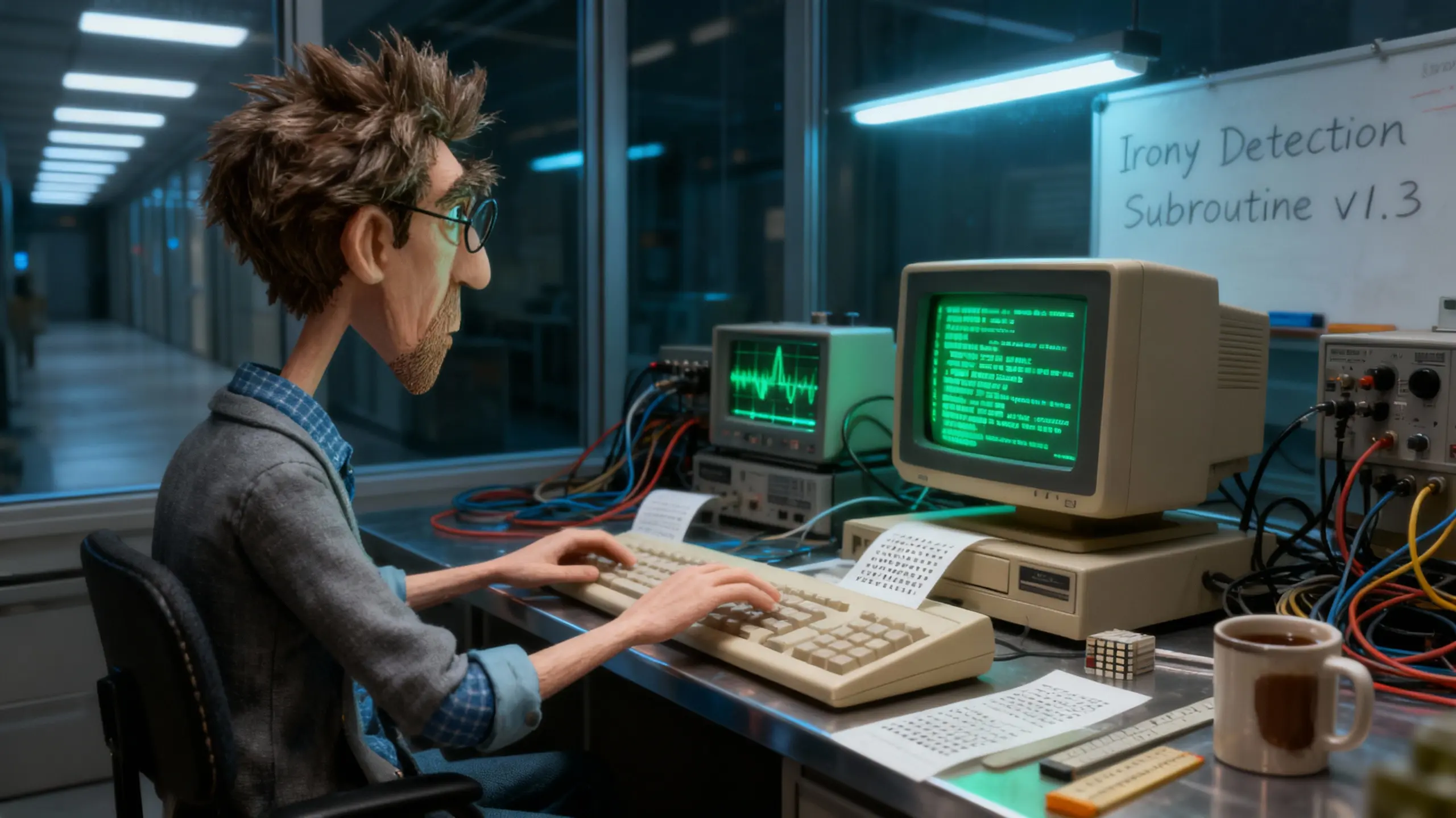 Ezra Goldberg studies code on a glowing 1980s computer in a dim research lab.