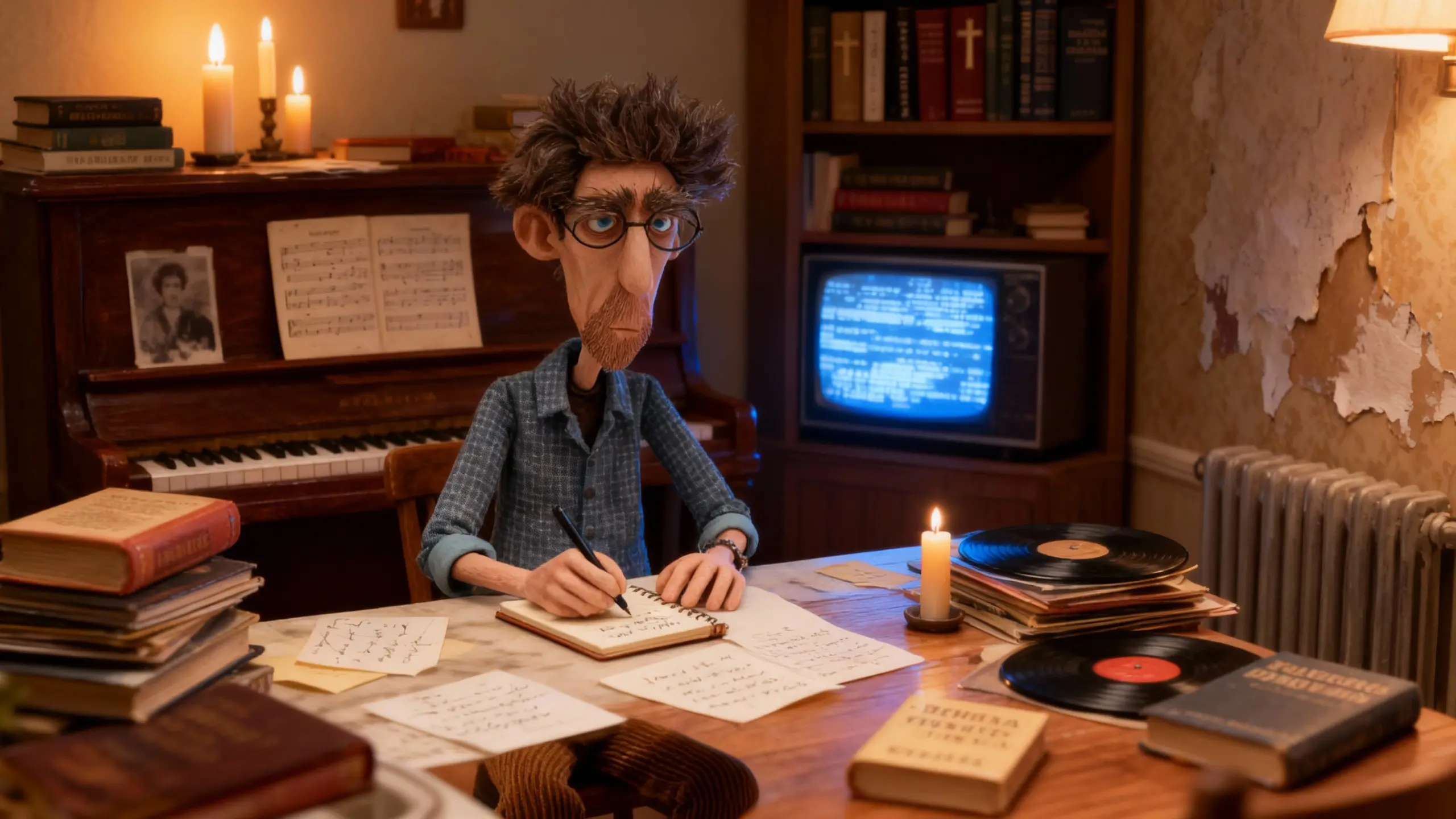 Ezra Goldberg studies at a kitchen table between a piano and a glowing TV in a Brooklyn apartment.