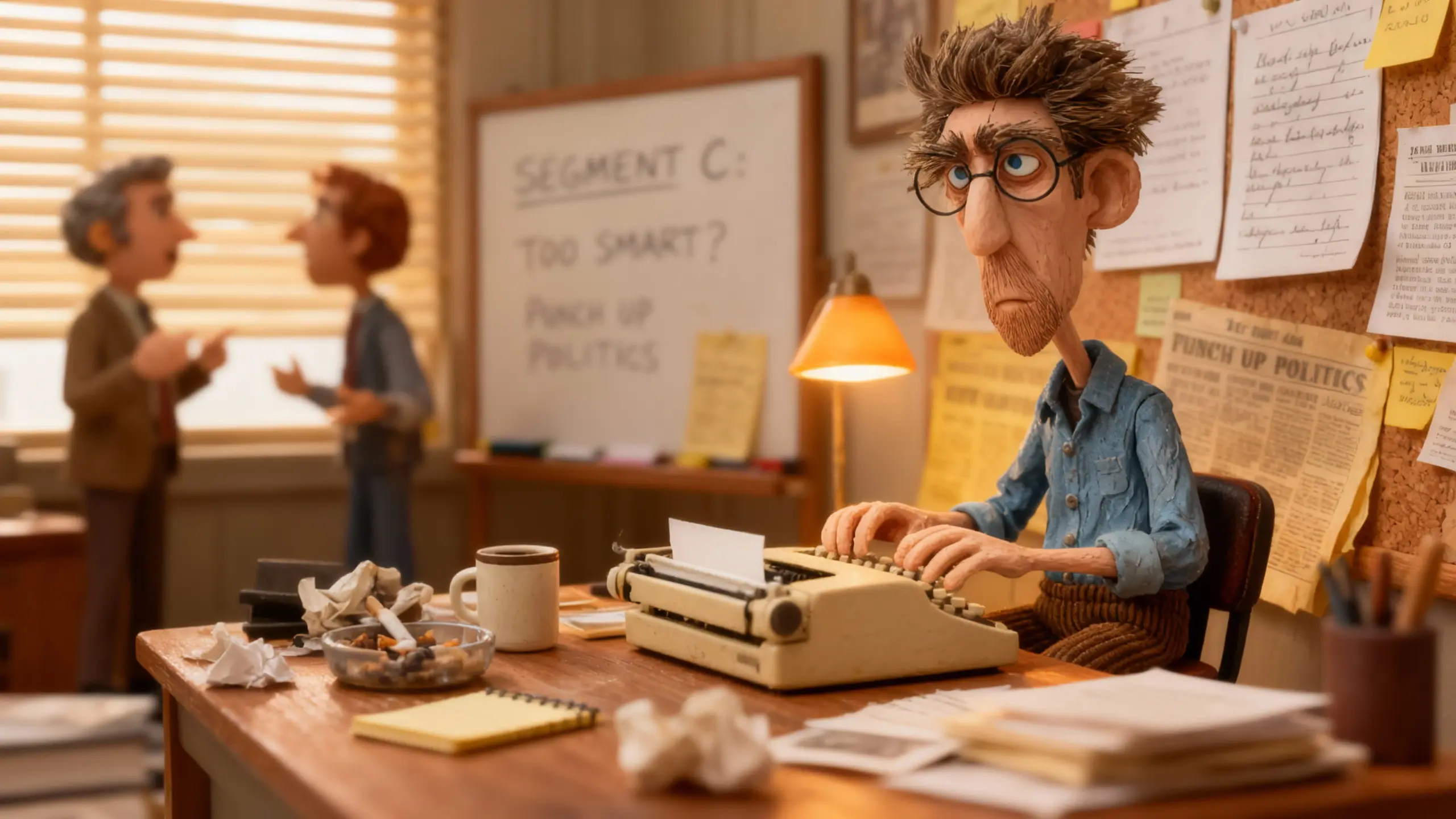 Ezra Goldberg types at a cluttered table in a noisy writers’ room.