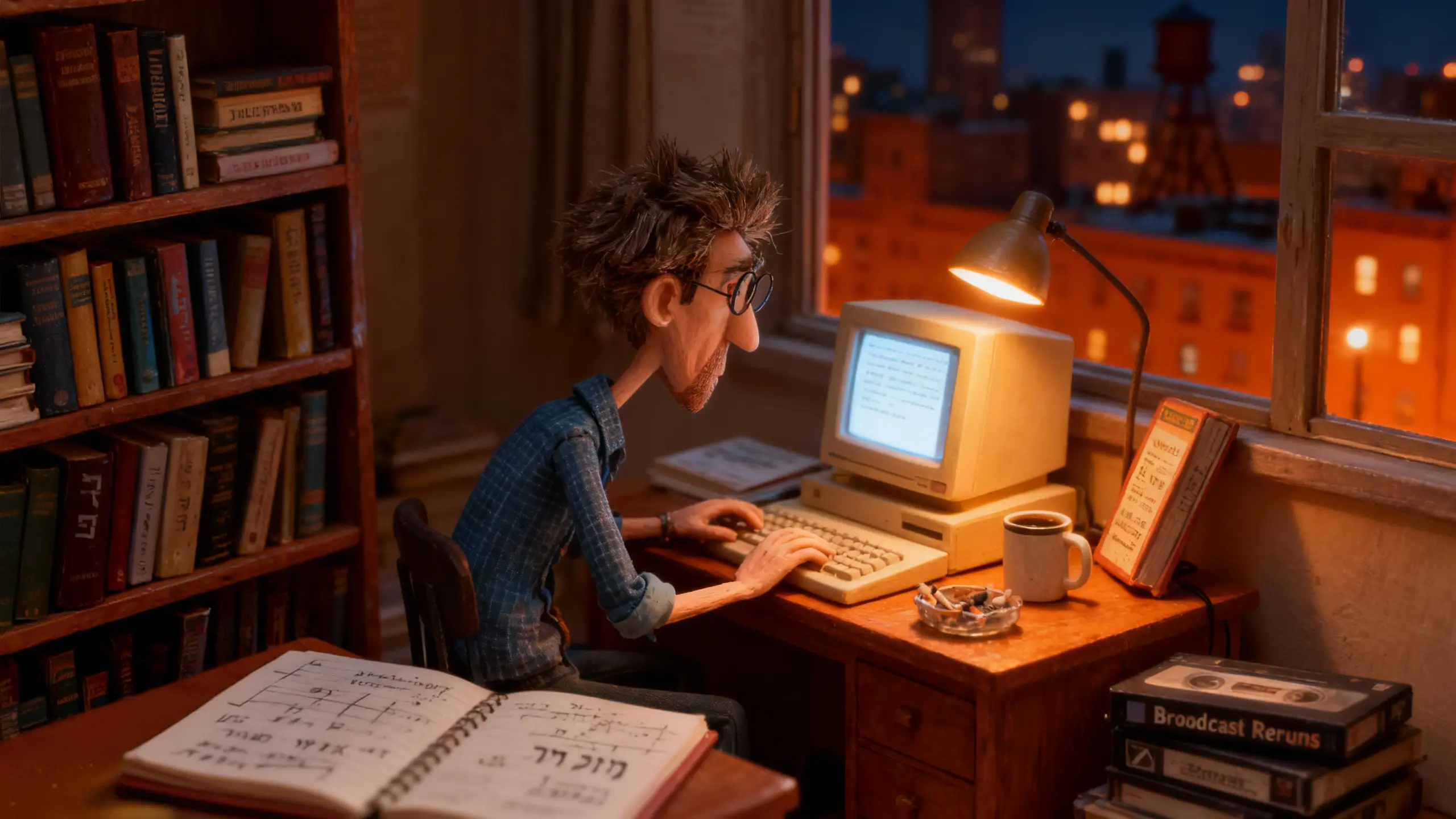 Ezra Goldberg gazes out a rain-speckled window at night, lost in thought.