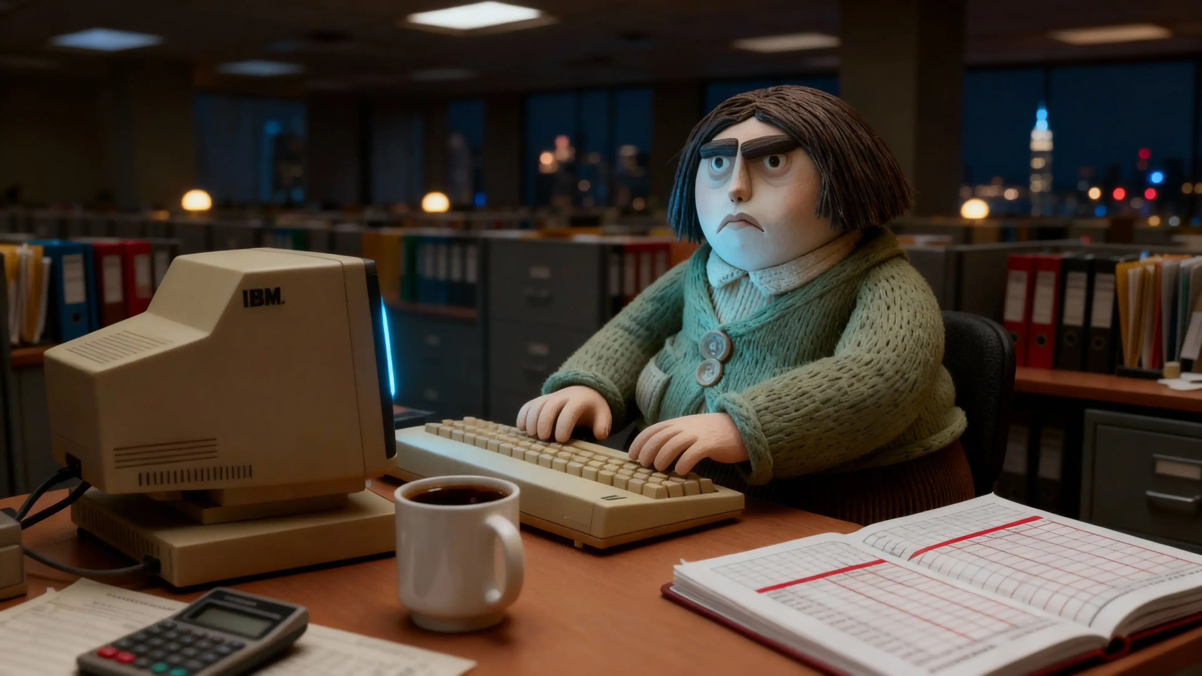 Marge Katz works late in a 1980s office, surrounded by papers and dim fluorescent light.