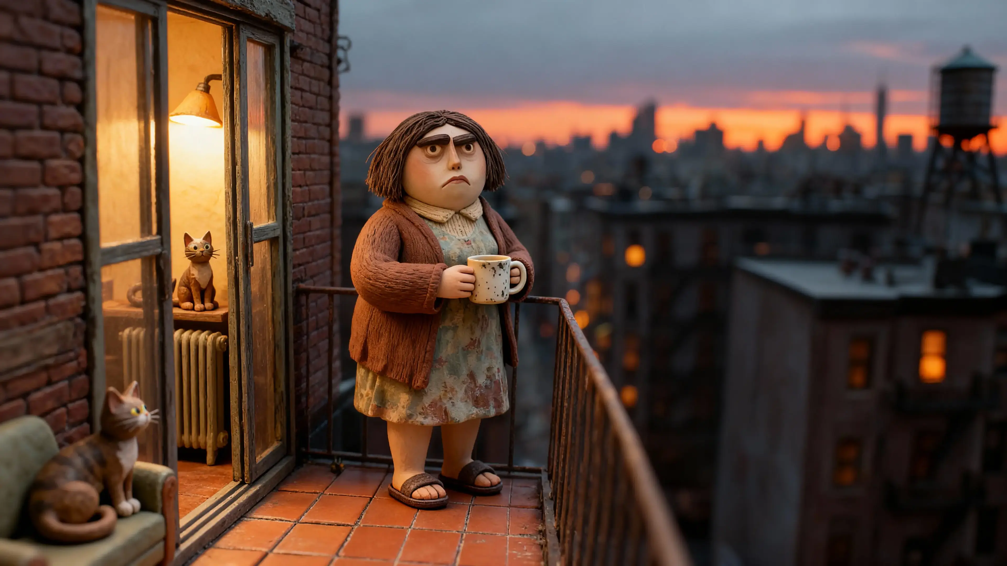 Marge Katz stands on her small city balcony at dusk, watching the Bronx skyline with her cats behind her.