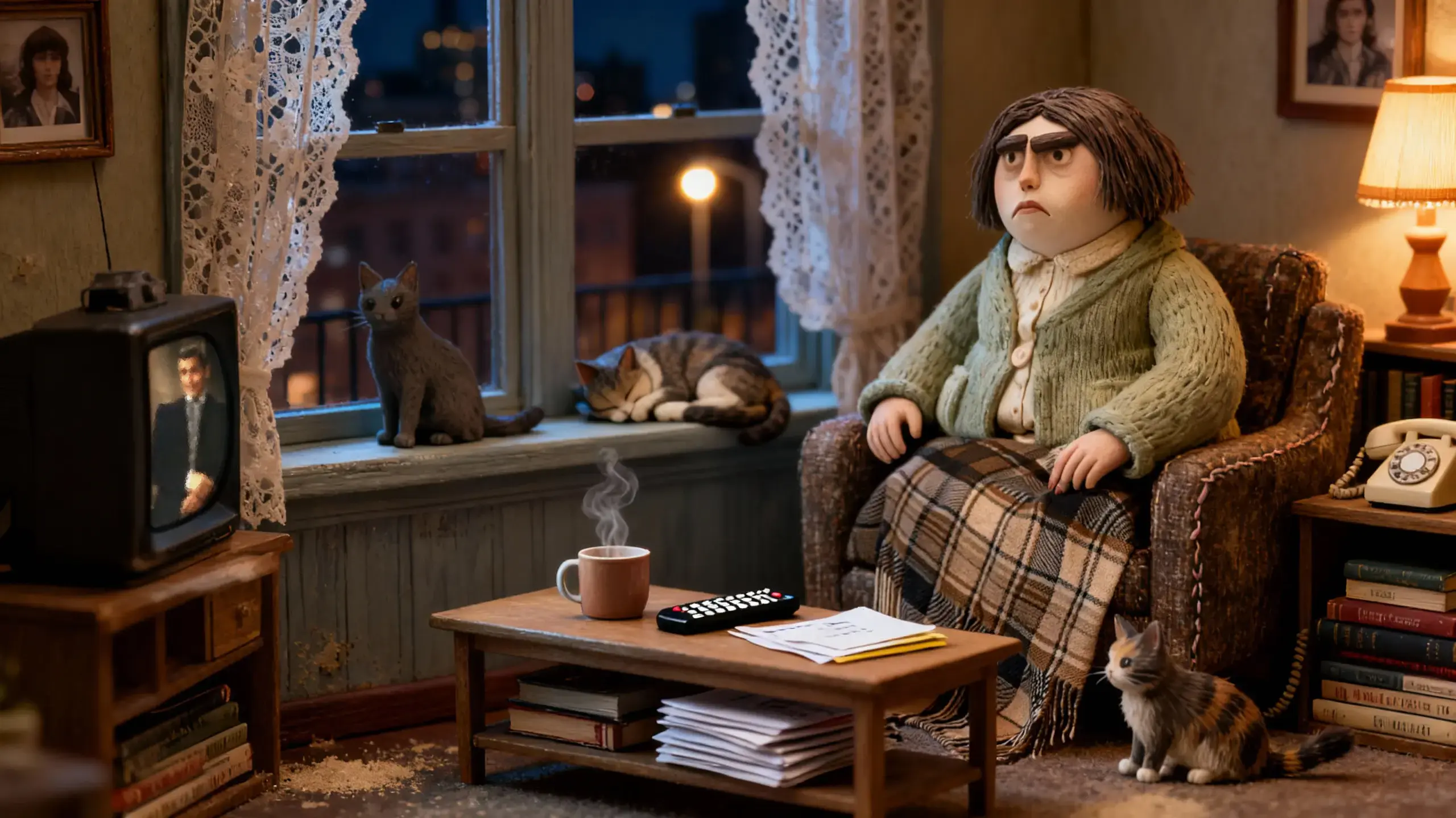 Marge Katz sits quietly at home with her cats, a blanket over her lap and watching TV.