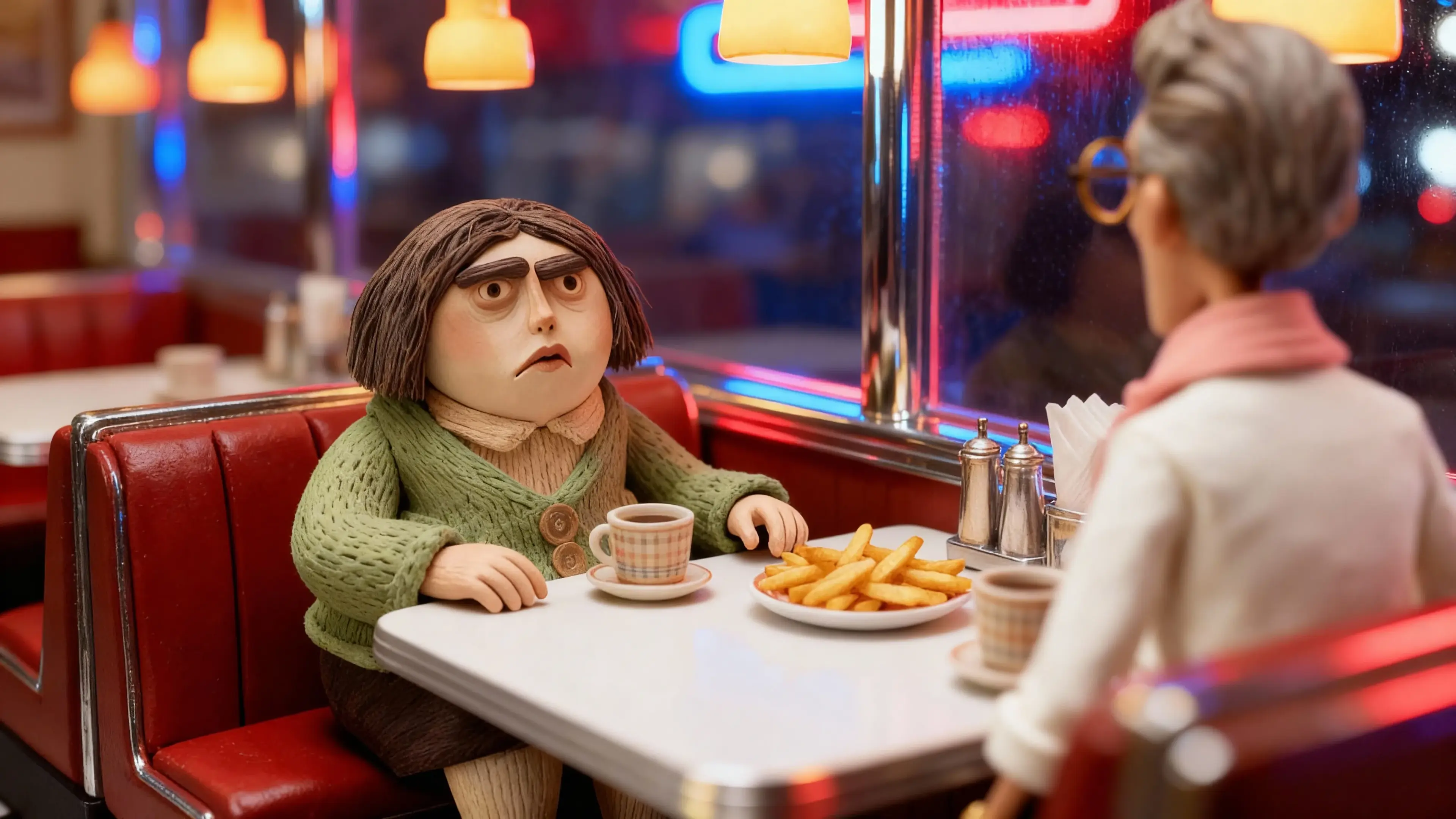 Marge Katz debates over coffee with Antoine in a retro diner, expression sharp and skeptical.