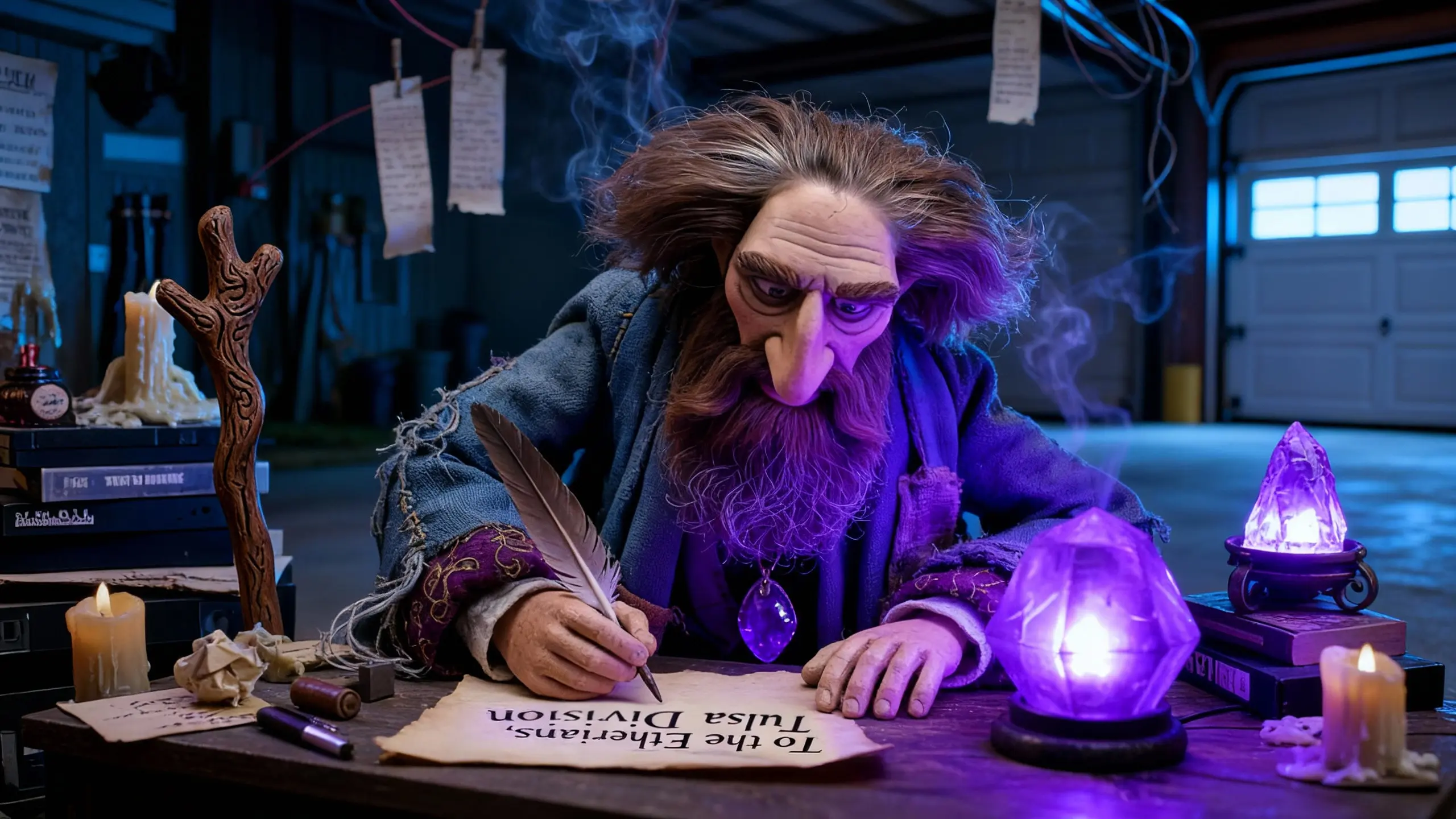 Middle-aged Gerald Bixby writes by candlelight in his cluttered “temple,” surrounded by scrolls and a glowing purple crystal.