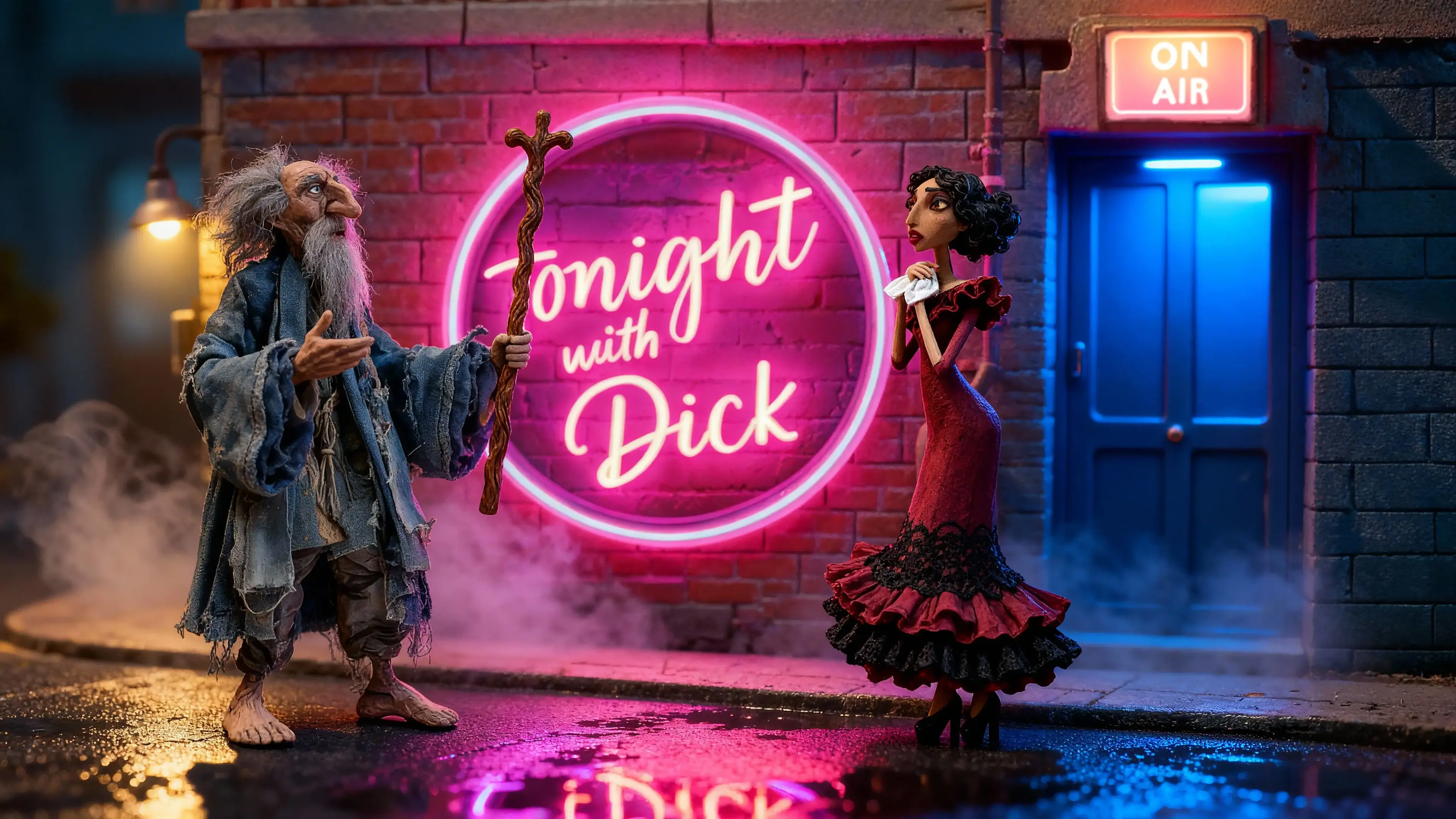 Outside the Tonight with Dick studio, Gerald Bixby passionately gestures with his staff as Marisol listens, framed by neon pink light.