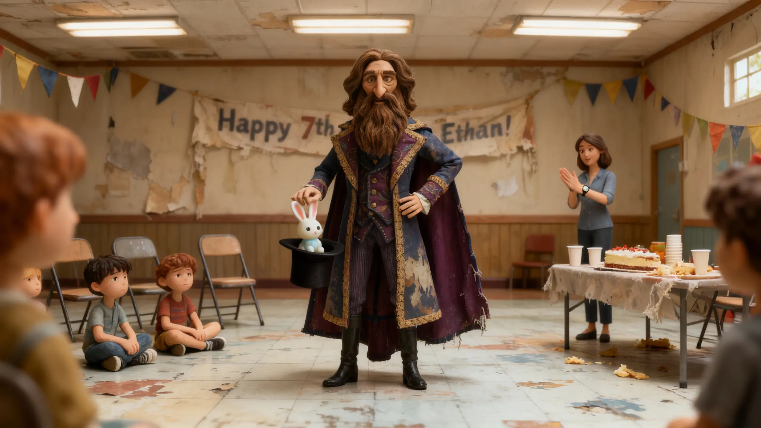 Gerald Bixby performs a clumsy magic trick at a child’s birthday party, proudly presenting a rabbit from his hat.