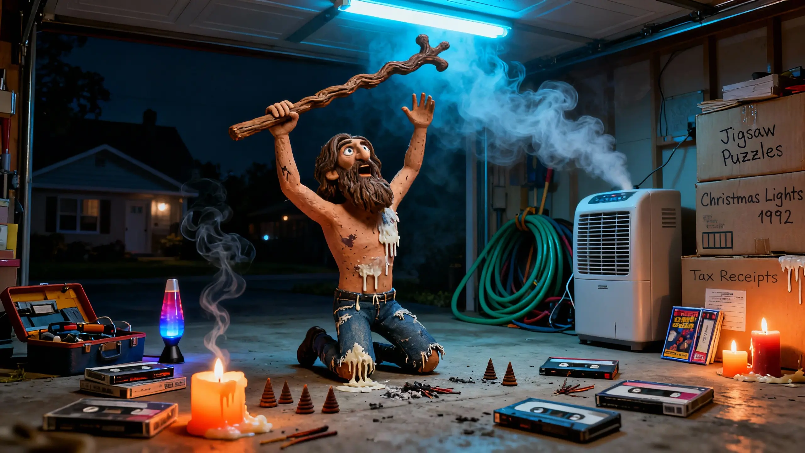 Shirtless in his dim garage, Gerald Bixby raises a wooden staff amid incense smoke, convinced of his mystical awakening.