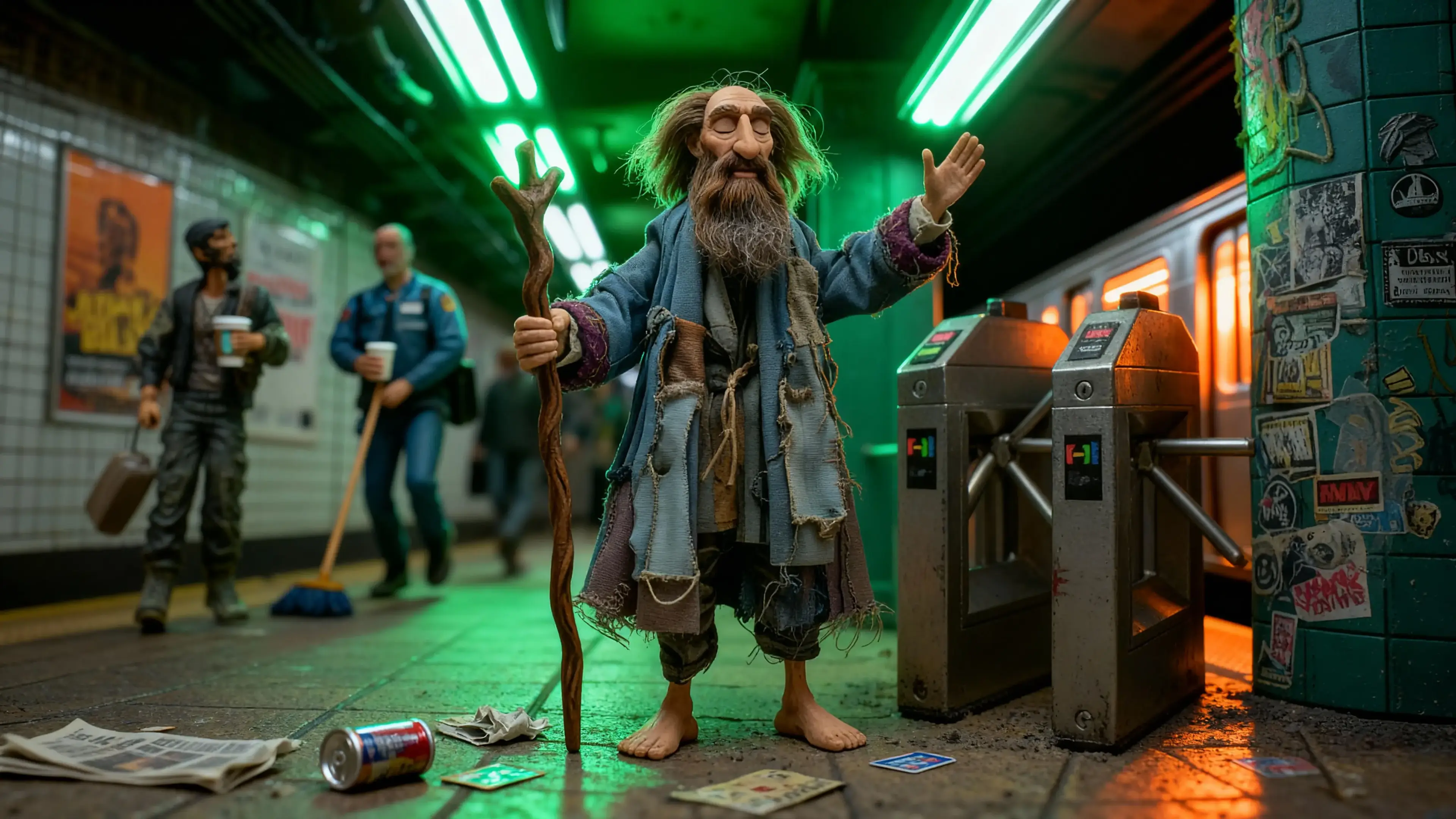 Barefoot Gerald Bixby preaches with raised hands in a graffiti-stained New York subway, his staff resting beside him.