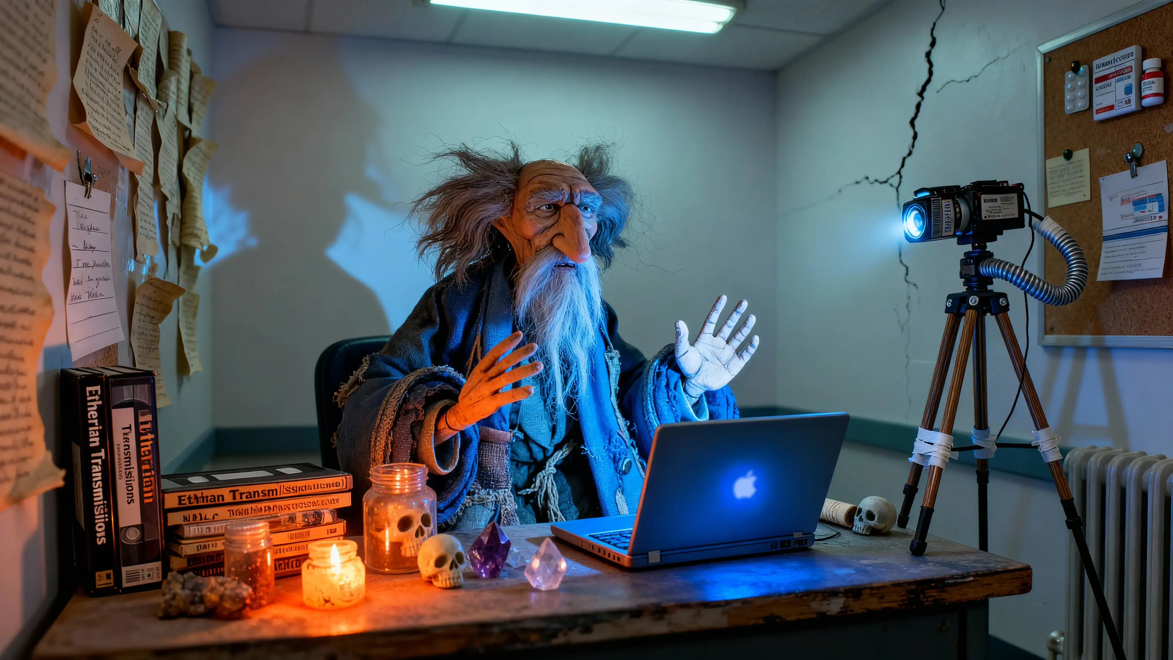 Elderly Gerald Bixby livestreams a mystical sermon from his care facility room, bathed in laptop and candlelight.