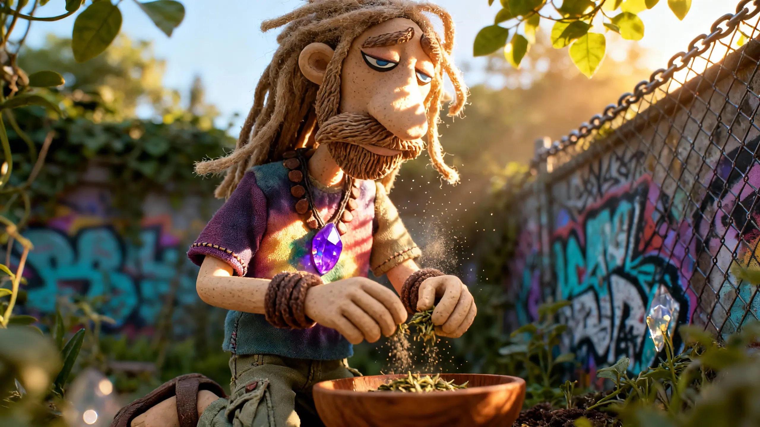 Sage Moonbliss kneels in a graffiti-ringed community garden, gently sprinkling herbs into a wooden bowl as sunlight filters through leaves.
