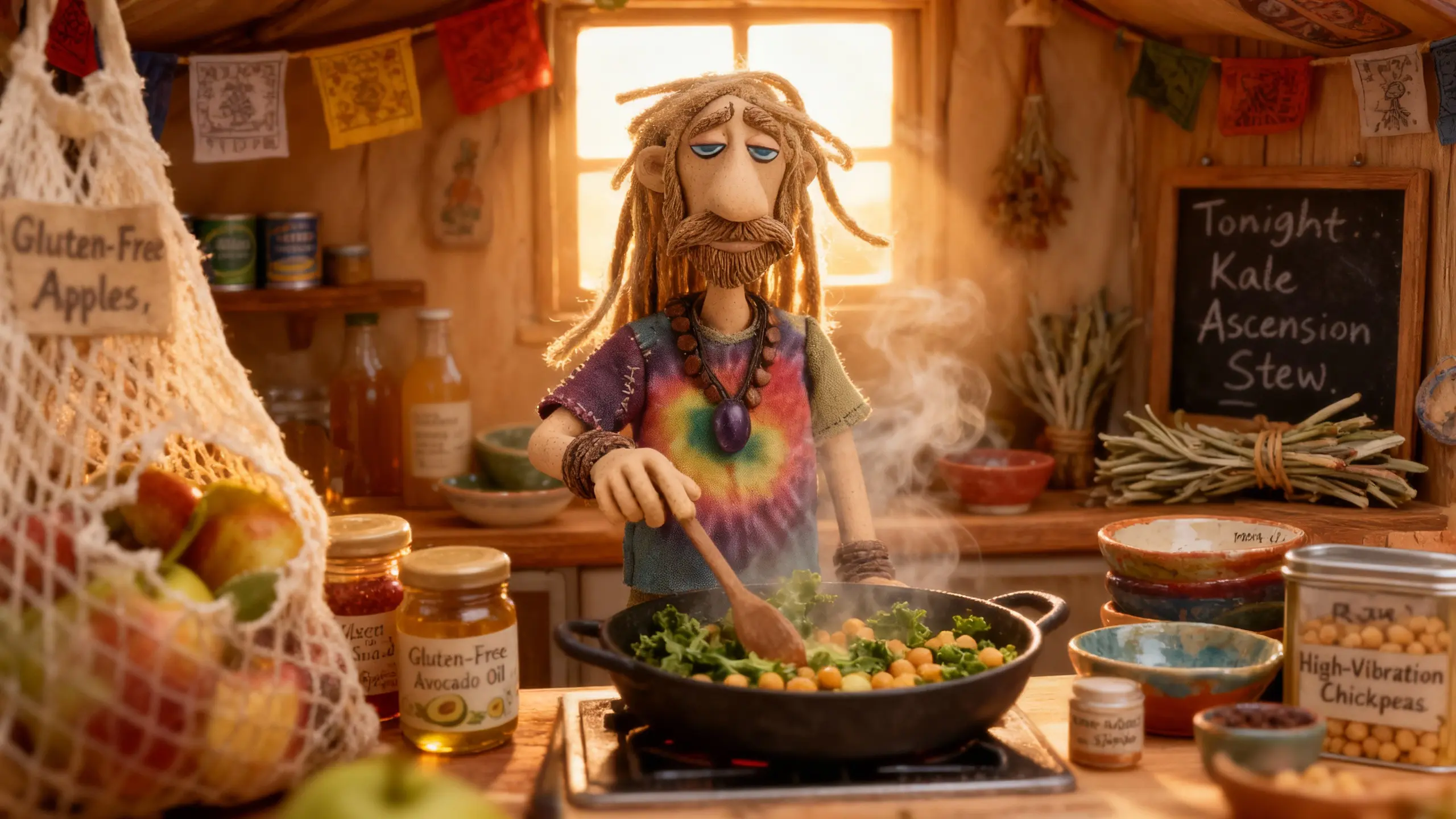 Sage Moonbliss cooks an elaborate kale dish in his kitchen, surrounded by “gluten-free” labelled produce and high-vibration ingredients.