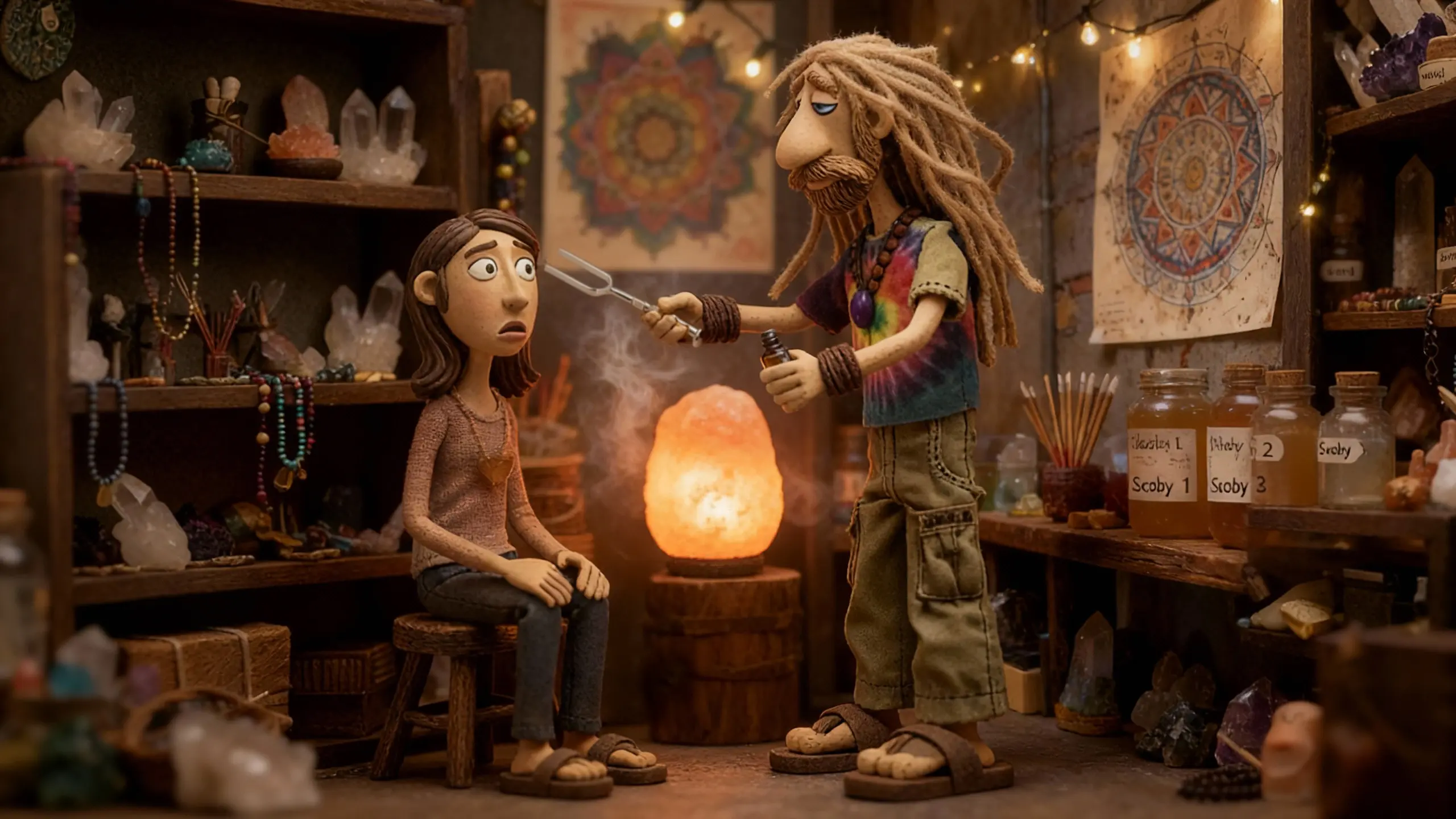 Sage Moonbliss waves a tuning fork over a bewildered customer in the cluttered backroom of a Brooklyn crystal shop.