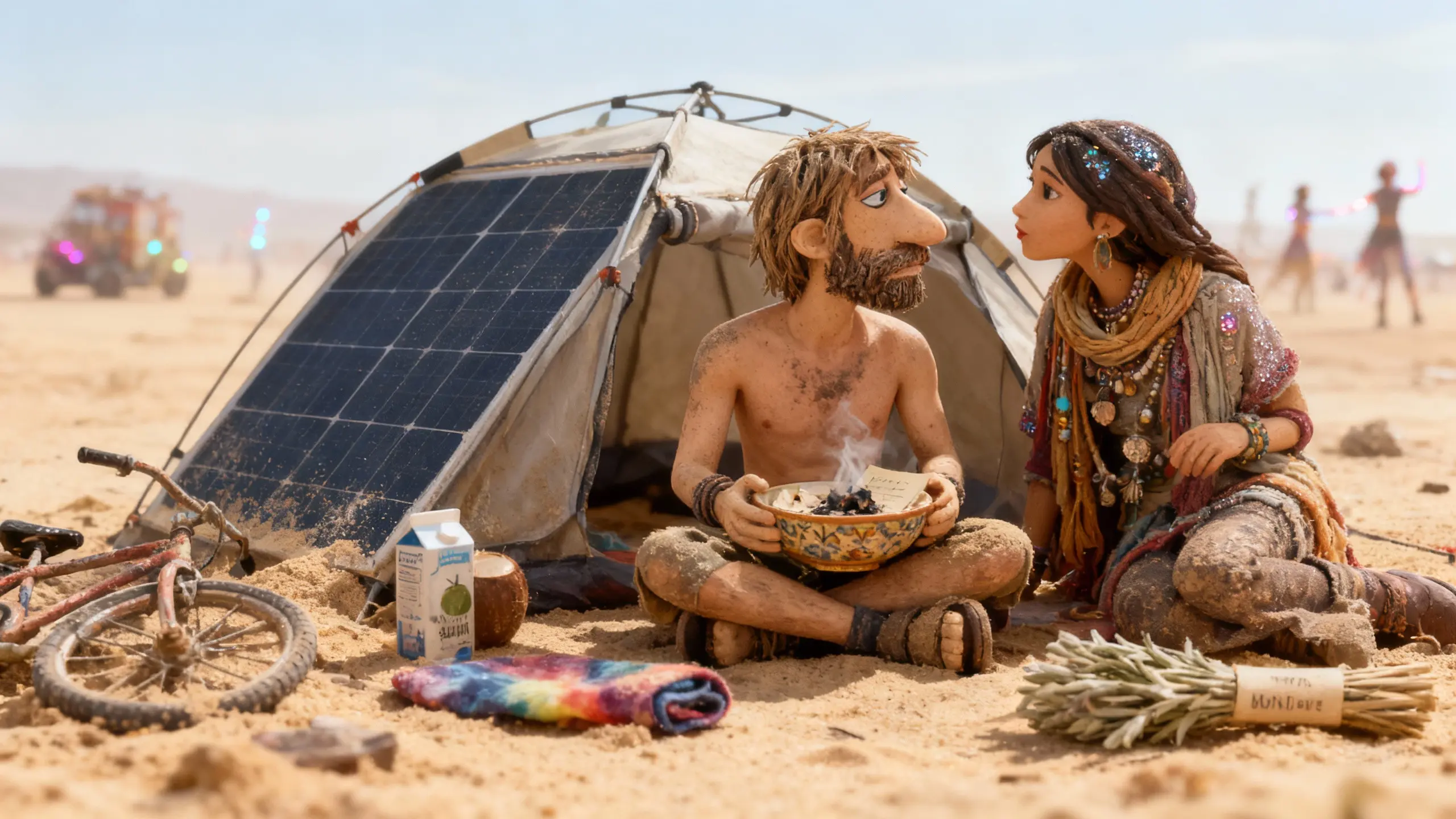 Kyle Benjamin Mathers (later Sage Moonbliss) sits tearfully in the Burning Man desert as Starbeam whispers to him beside a collapsed solar tent.