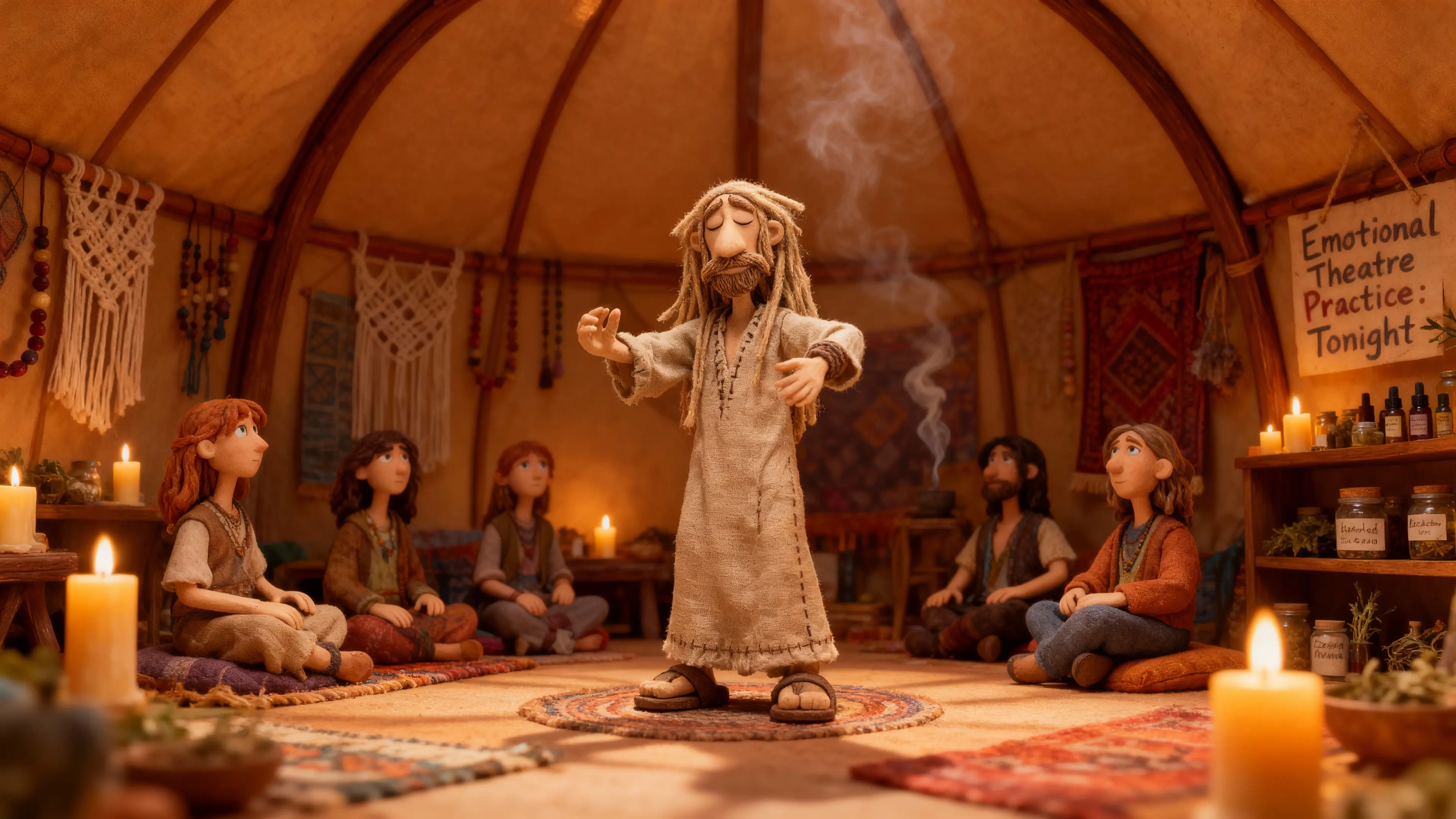 Sage Moonbliss performs an overly intense energy ritual inside a candle-lit Oregon yurt as commune members look on awkwardly.