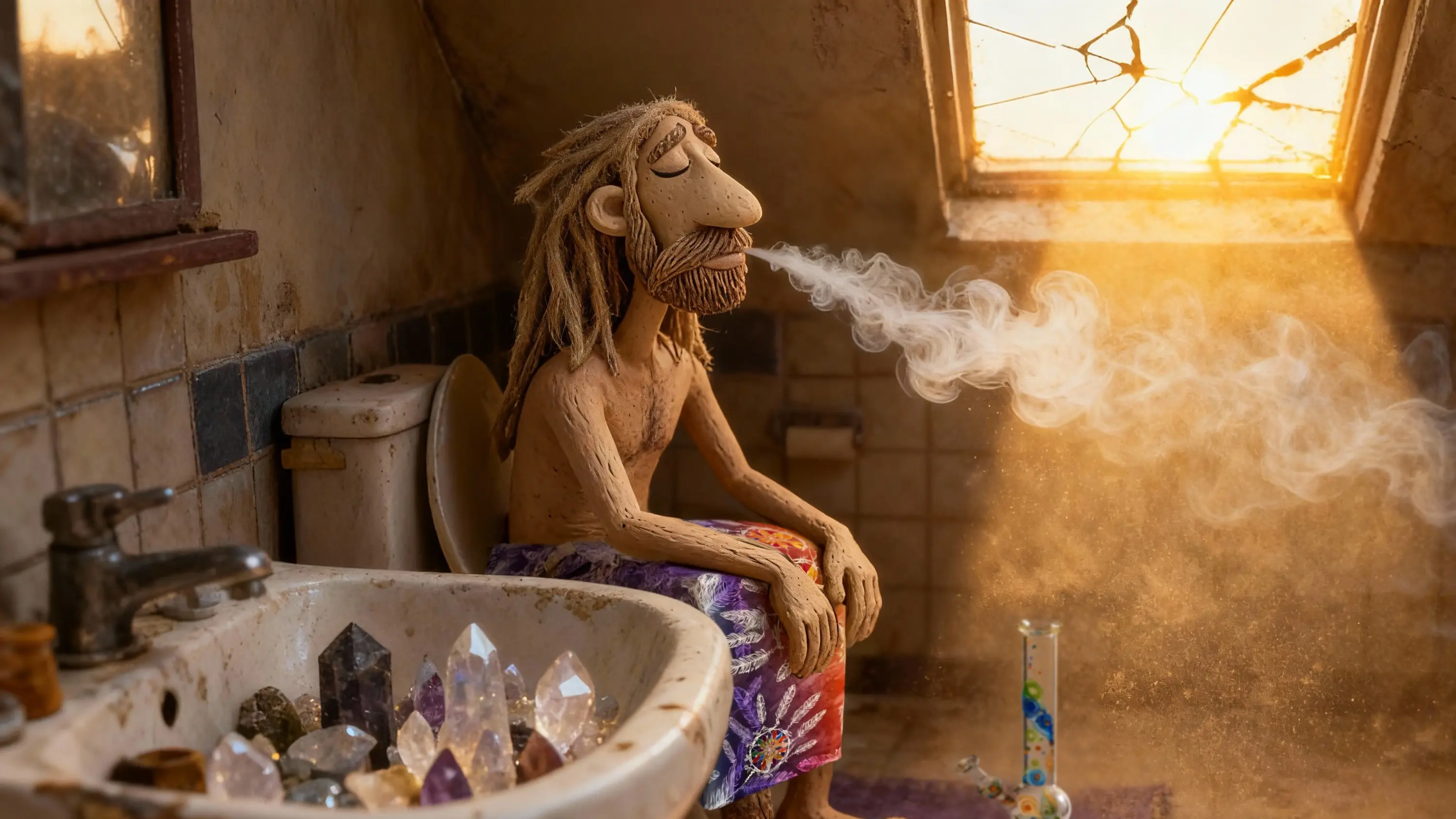 Sage Moonbliss exhales a slow plume of smoke in a meditative trance while seated on a toilet in a sunlit, bohemian bathroom.