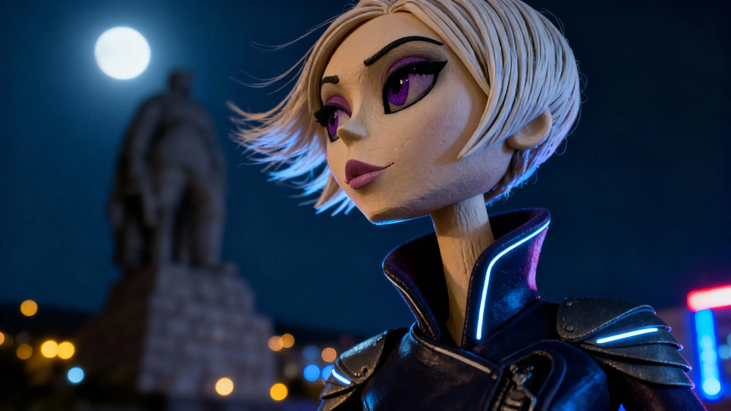 Velina Kolarova looks out over Plovdiv beneath the Alyosha Monument at night, neon accents glowing on her early-techno outfit.