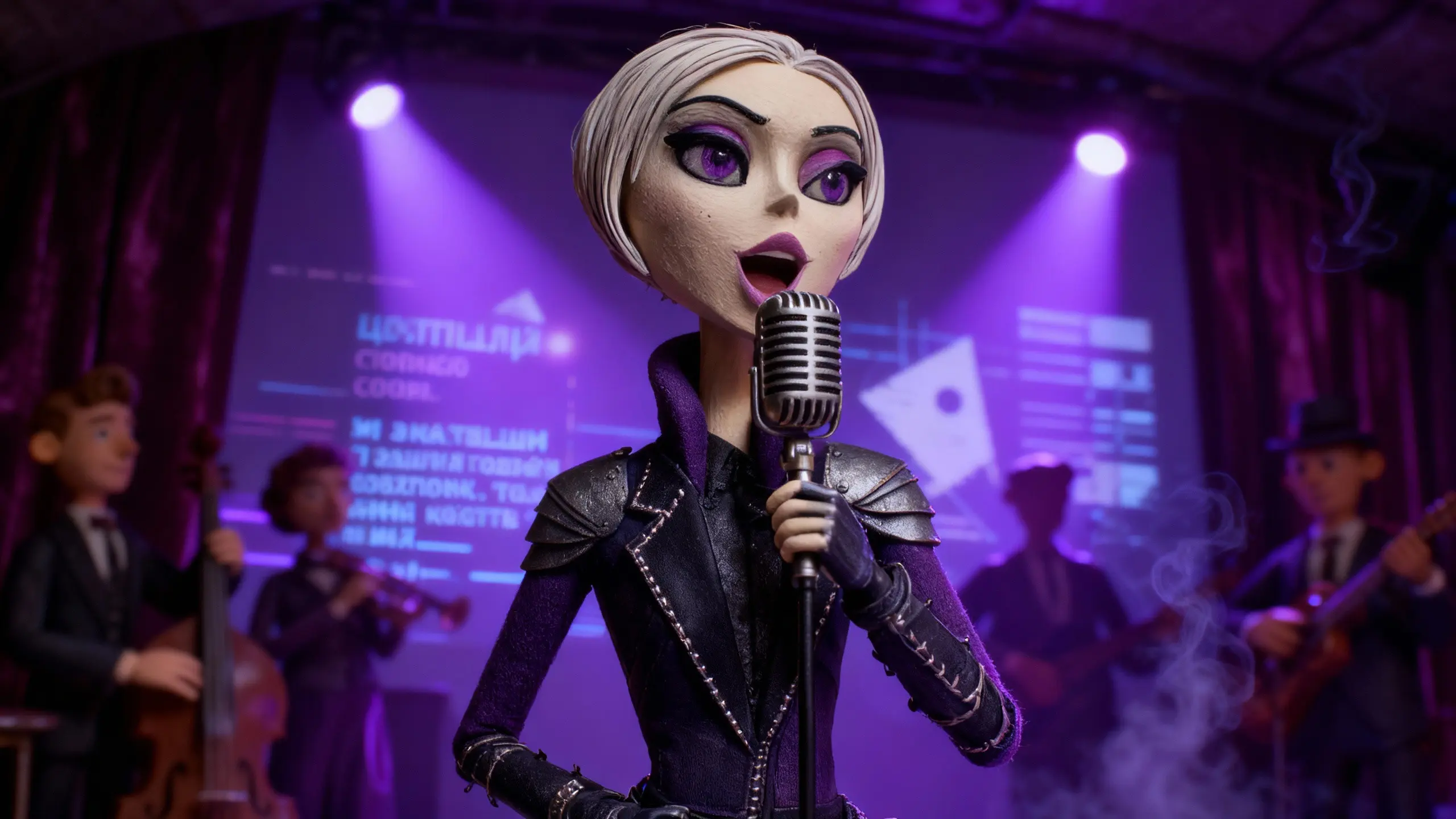 Velina Kolarova performs in cabaret cyberpunk attire under violet lights, singing into a vintage microphone with a blurred 1940s-style Bulgarian band behind her.