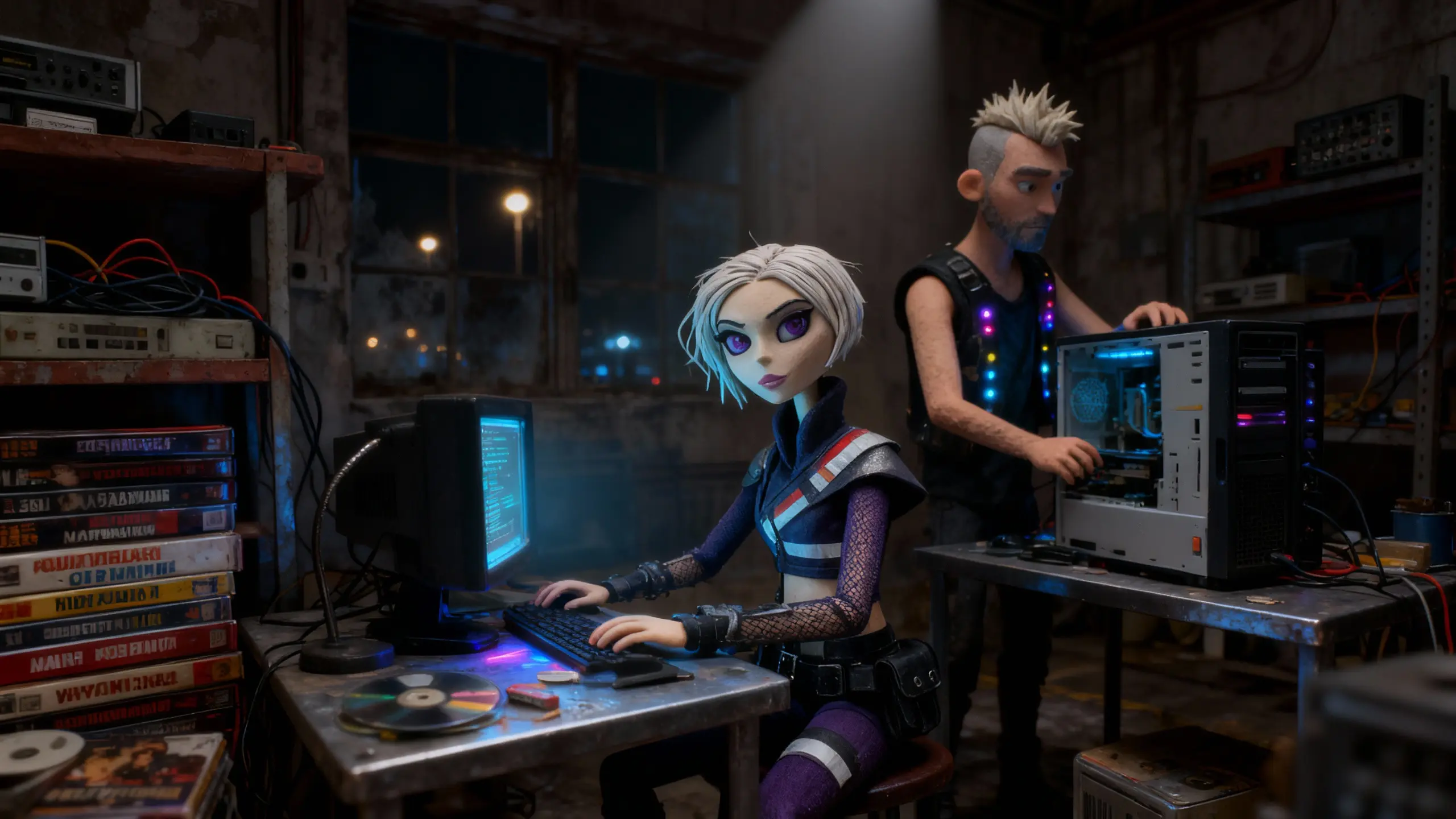 Young adult Velina Kolarova types at a cluttered desk in a dim Plovdiv warehouse beside her spiky-haired brother repairing a tower PC.