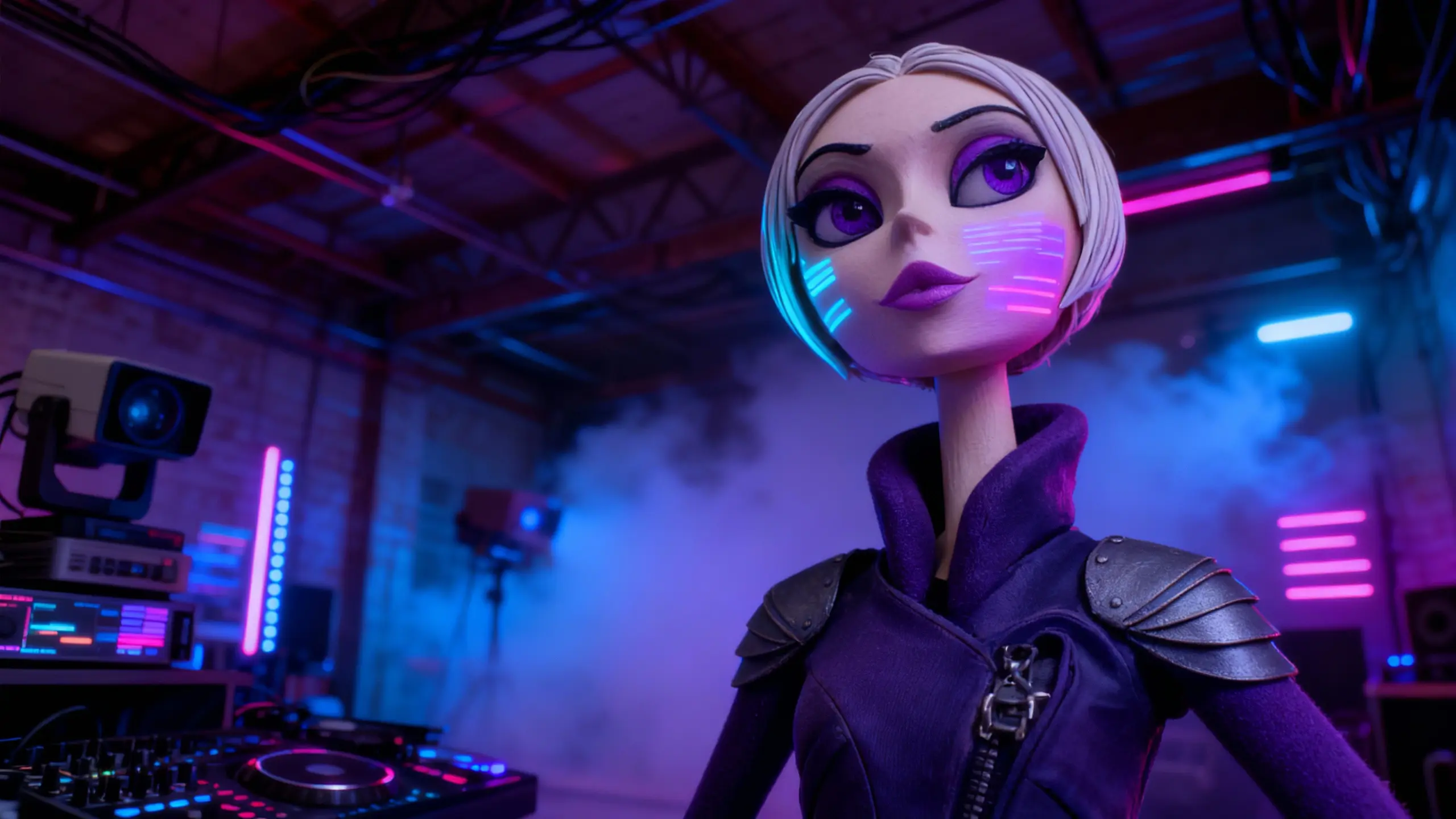 Velina Kolarova stands in a neon-lit Bushwick loft, cyberpunk armour catching the glow of holographic projections around her.