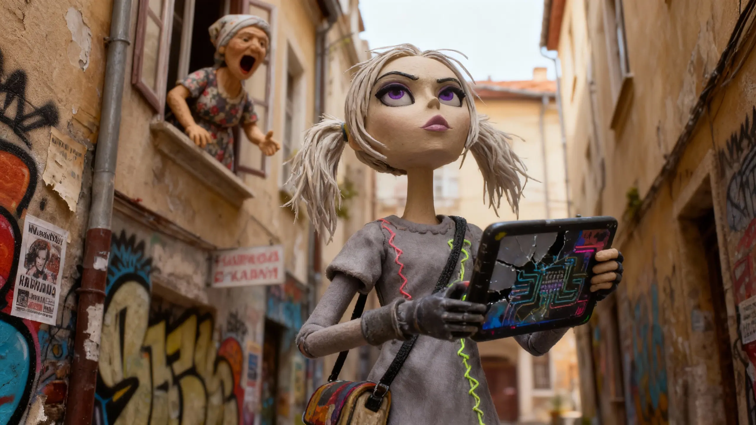 Twelve-year-old Velina Kolarova stands in a graffiti-lined Kapana alley holding a cracked digital device while her grandmother shouts from an upstairs window.