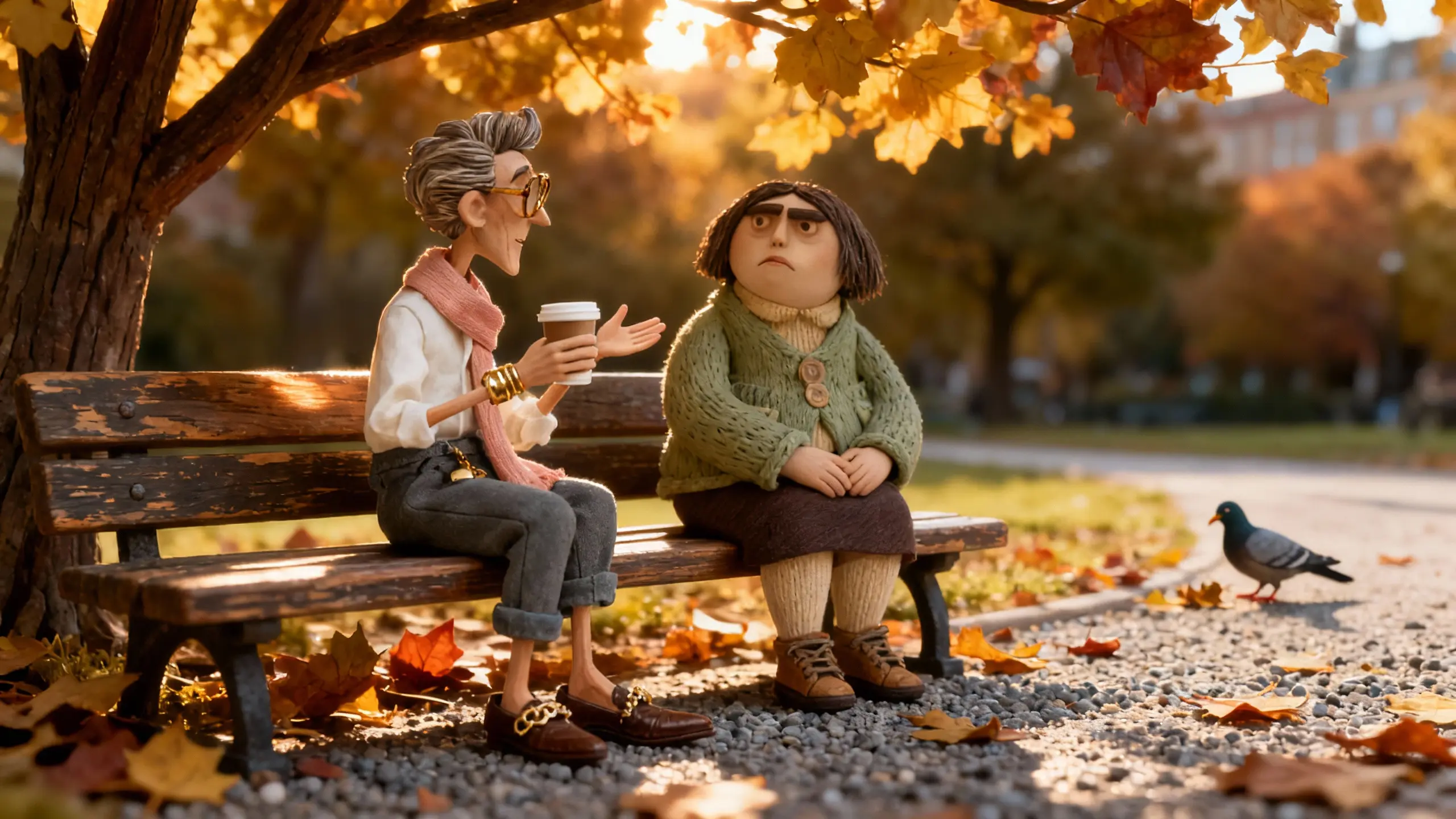 A stylish Antoine Bellefontaine listens attentively to his friend Marge during a park conversation.
