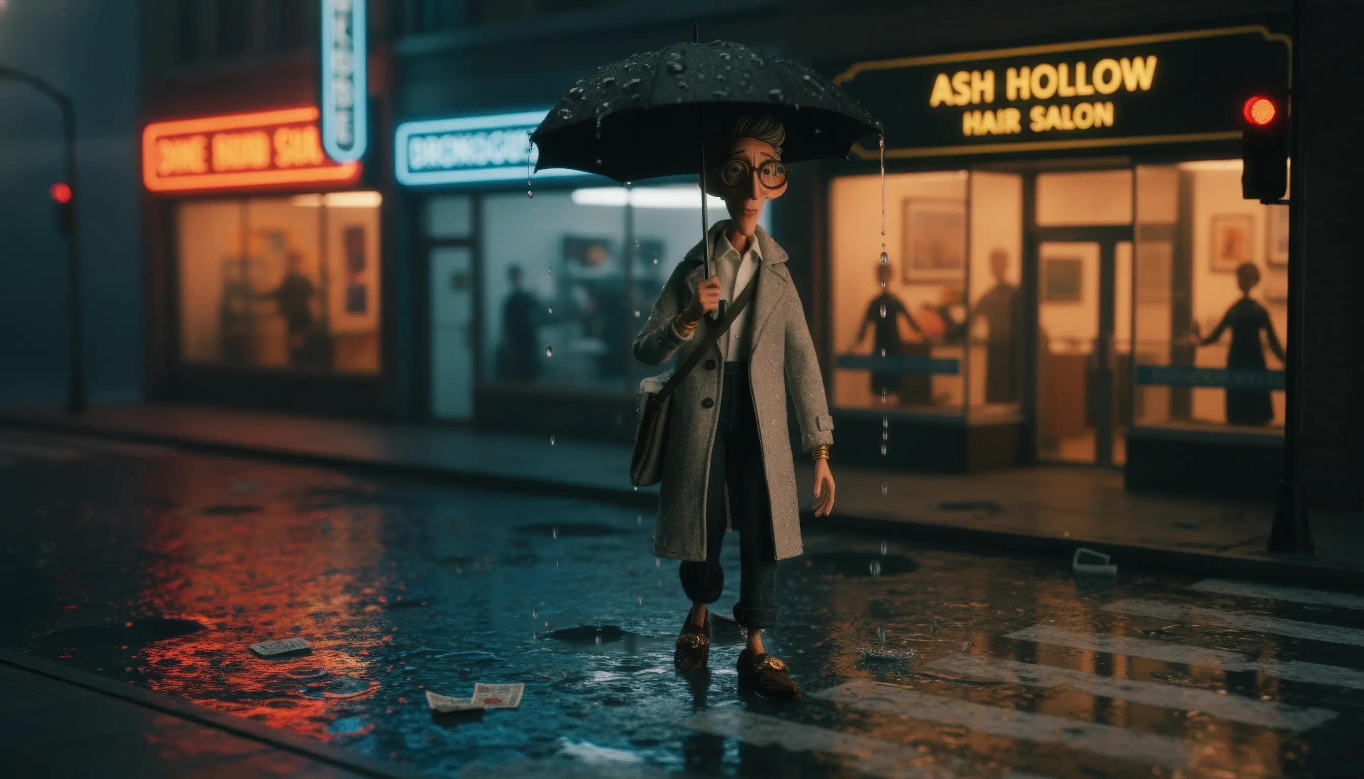 A young Antoine Bellefontaine walks home at night through wet city streets under an umbrella.
