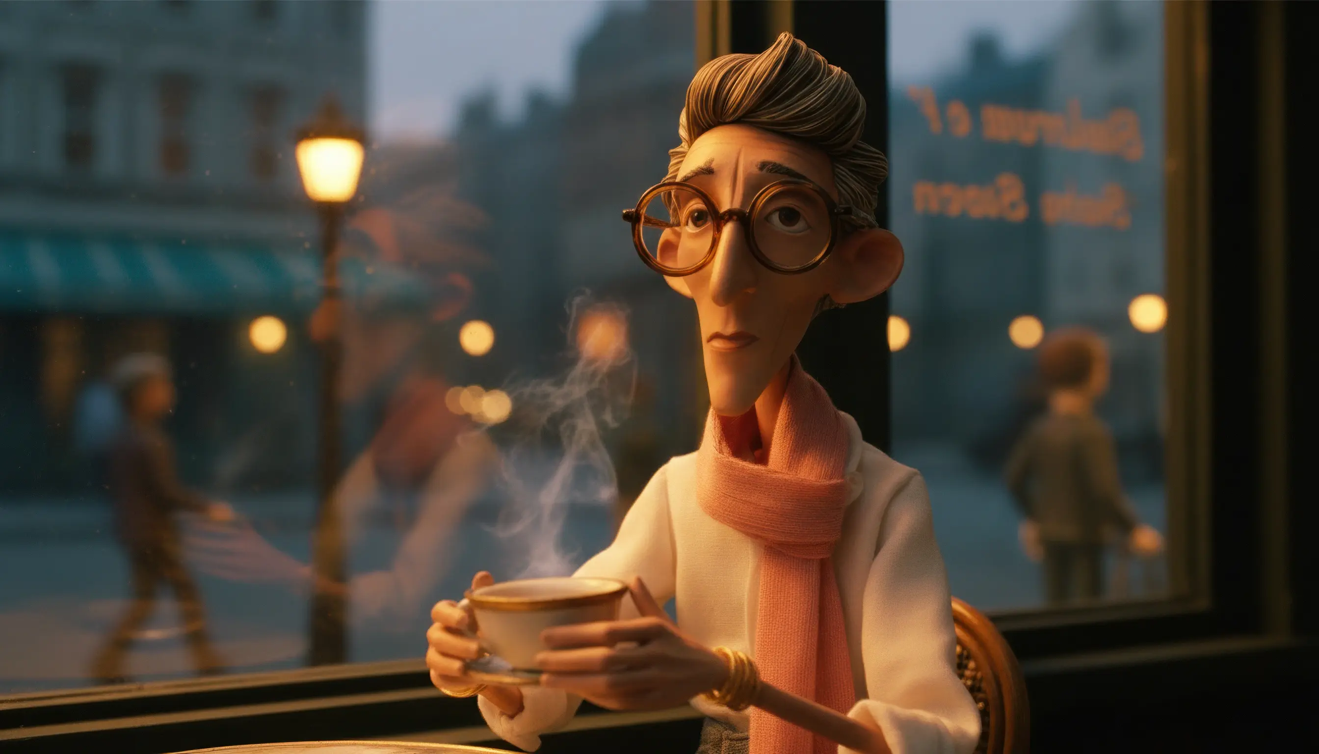 Antoine Bellefontaine drinking tea at an indoor café, city nightlights filtering through large windows.