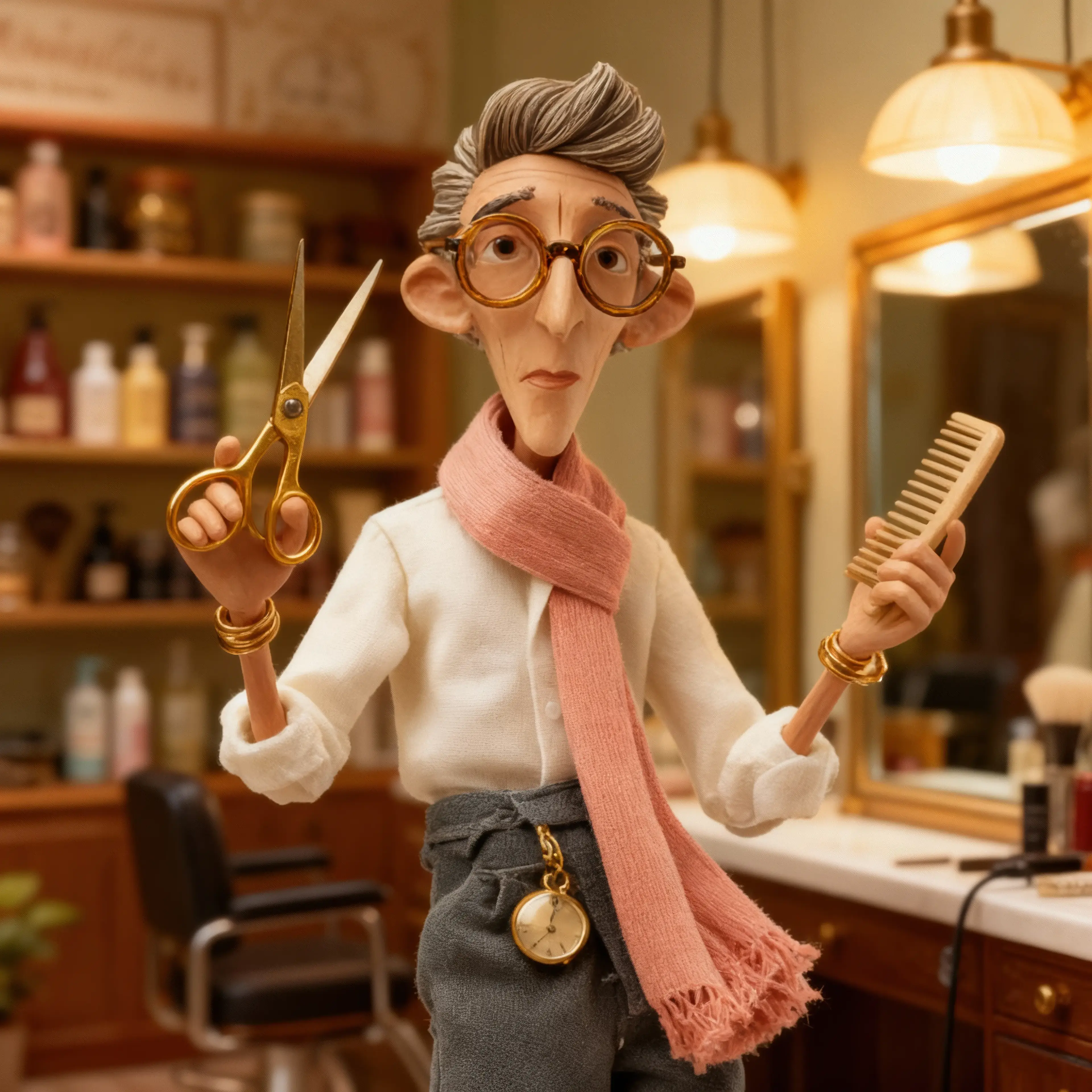 Antoine Bellefontaine arranging proudly standing beside his salon chair.