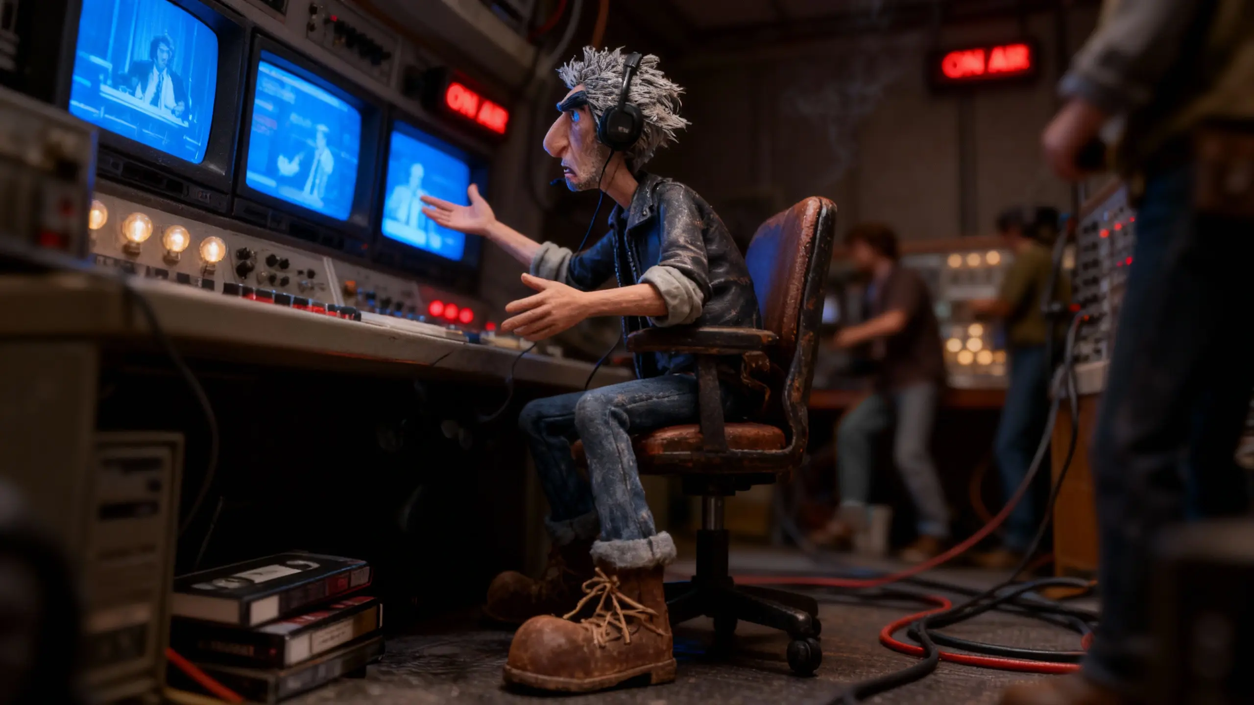 Chad Carrigan directs from a cluttered 1980s control room, surrounded by glowing monitors