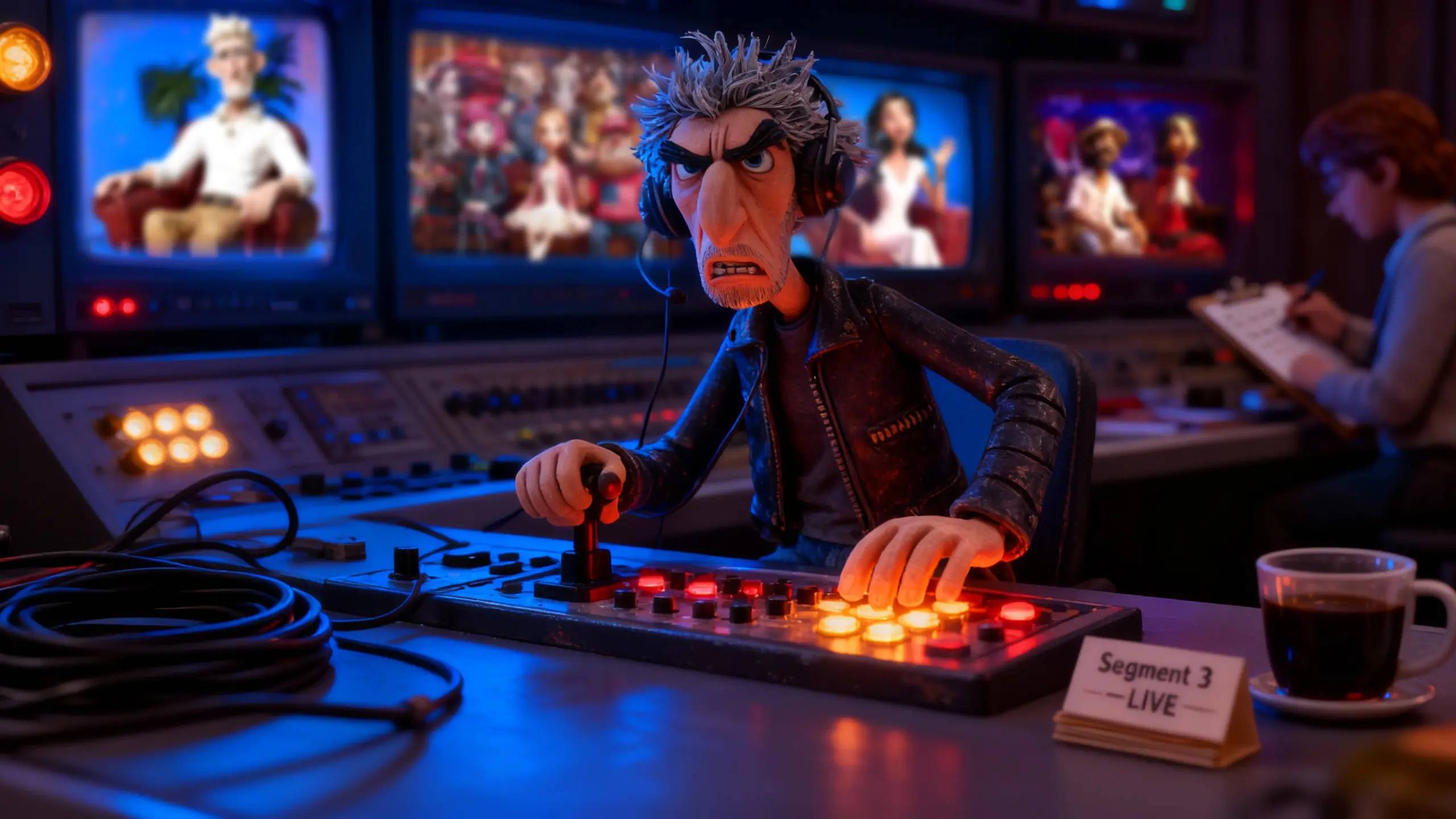 Chad Carrigan in a dark control room, shouts instructions into his headset surrounded by glowing screens.