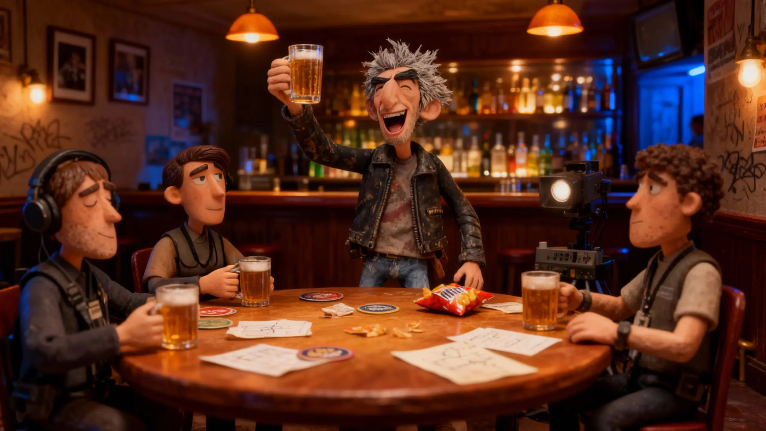 Chad Carrigan laughs with his TV crew in a dim pub over Friday pints.