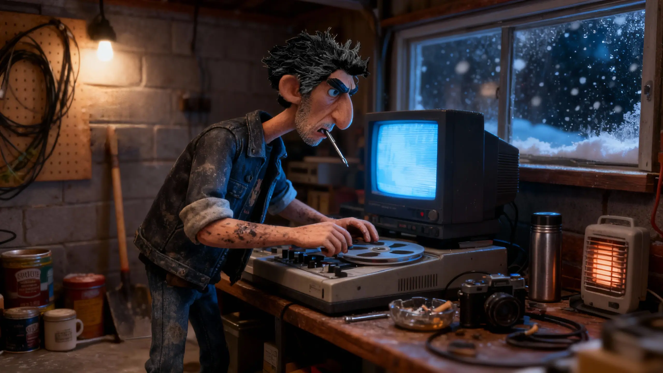 Chad Carrigan repairs broadcast equipment in a makeshift garage studio filled with tools and cables.