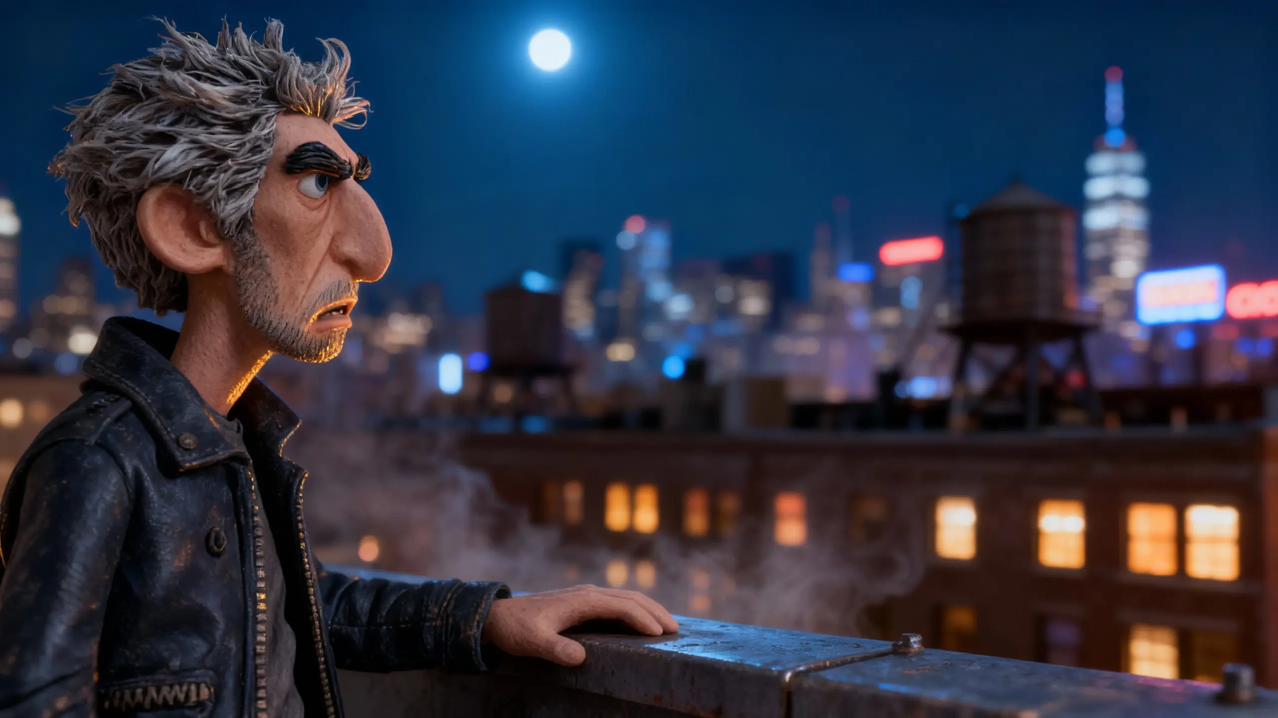 Chad Carrigan stands alone on a city rooftop at night, looking out over the Manhattan skyline.