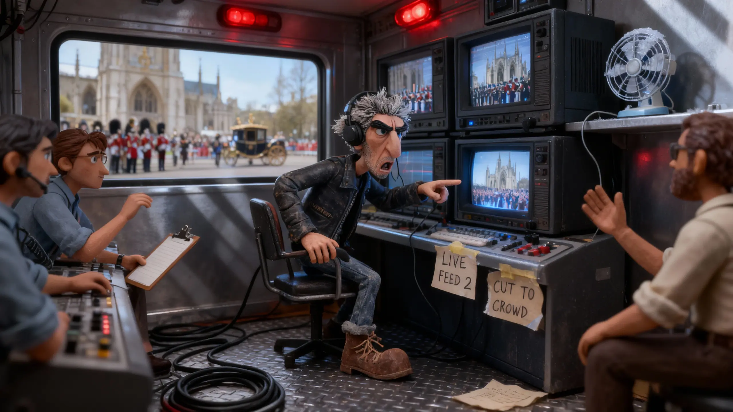 Chad Carrigan shouts instructions inside a crowded broadcast van during a royal event.