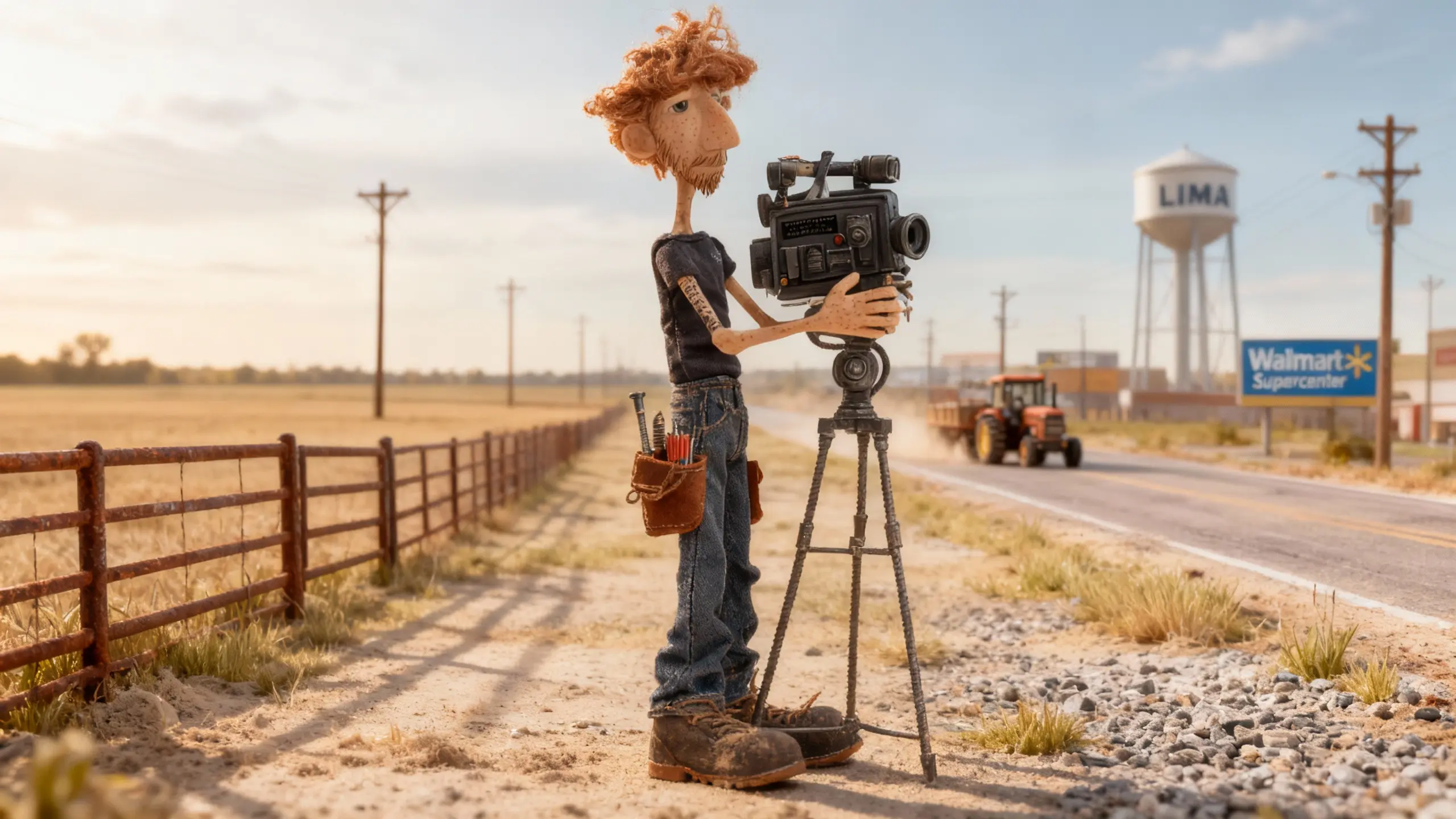 A young Derek Mullins films a slow tractor on a rural Ohio roadside, the flat fields, rusted fence, and distant Walmart sign capturing the quiet monotony of his small-town beginnings.
