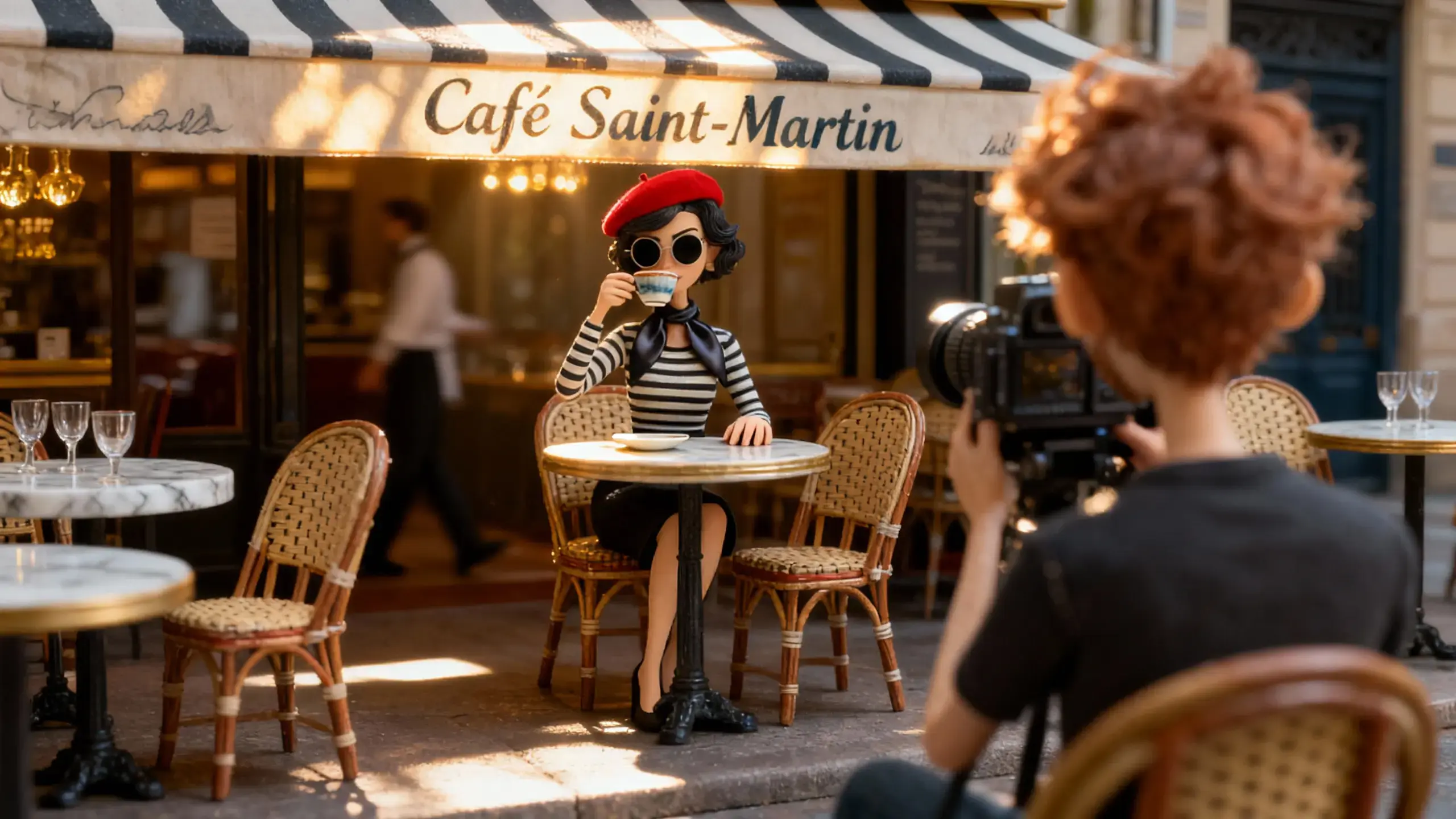 Derek Mullins films a poised woman in a red beret sipping coffee at a Paris café, sunlight warming the striped awning and marble tables around her.