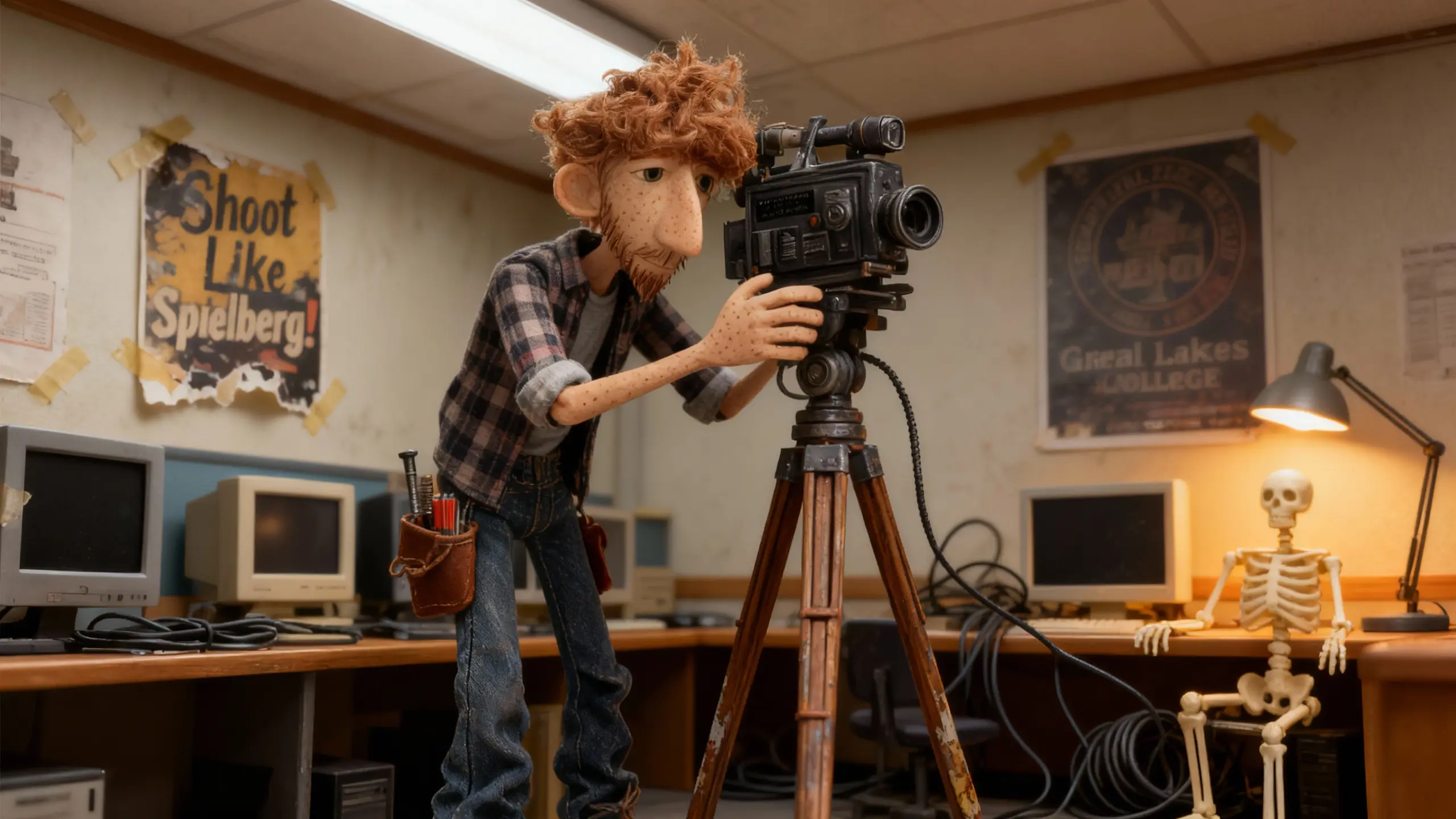 Derek Mullins adjusts a camera in a small media classroom with old posters and mismatched monitors.