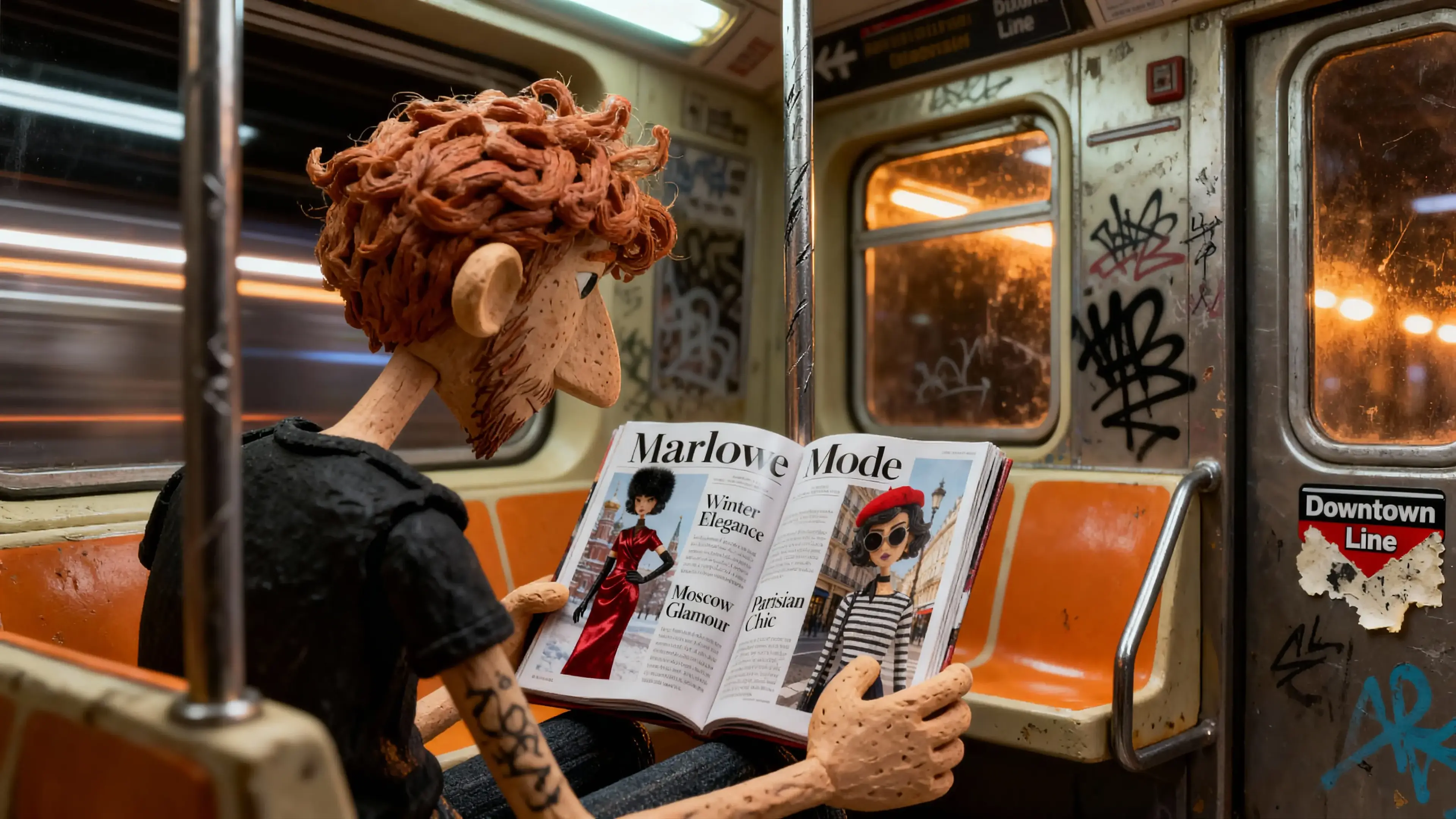 Derek Mullins rides a graffiti-covered New York subway at night, reading an open Marlowe Mode magazine glowing under flickering fluorescent light.